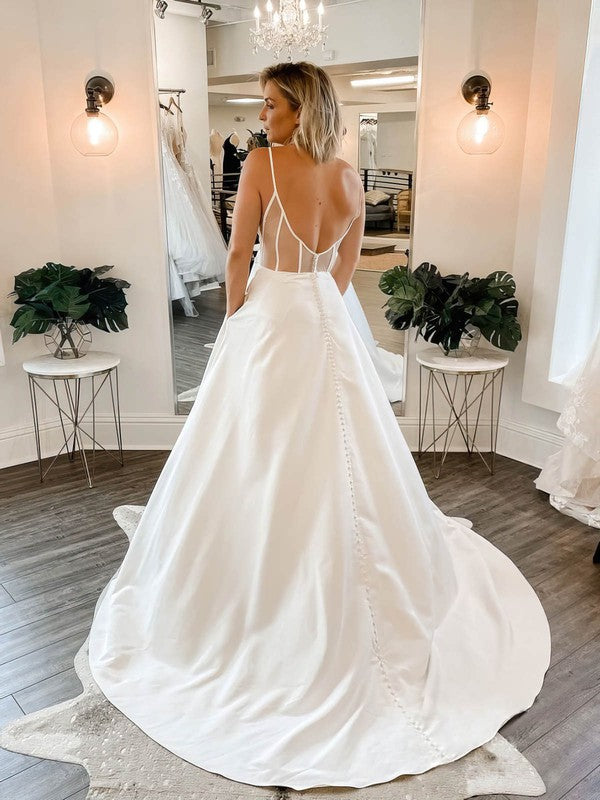 Charming Square Neck Spaghetti Straps Satin Ball Gown Wedding Dresses with Sweep Train