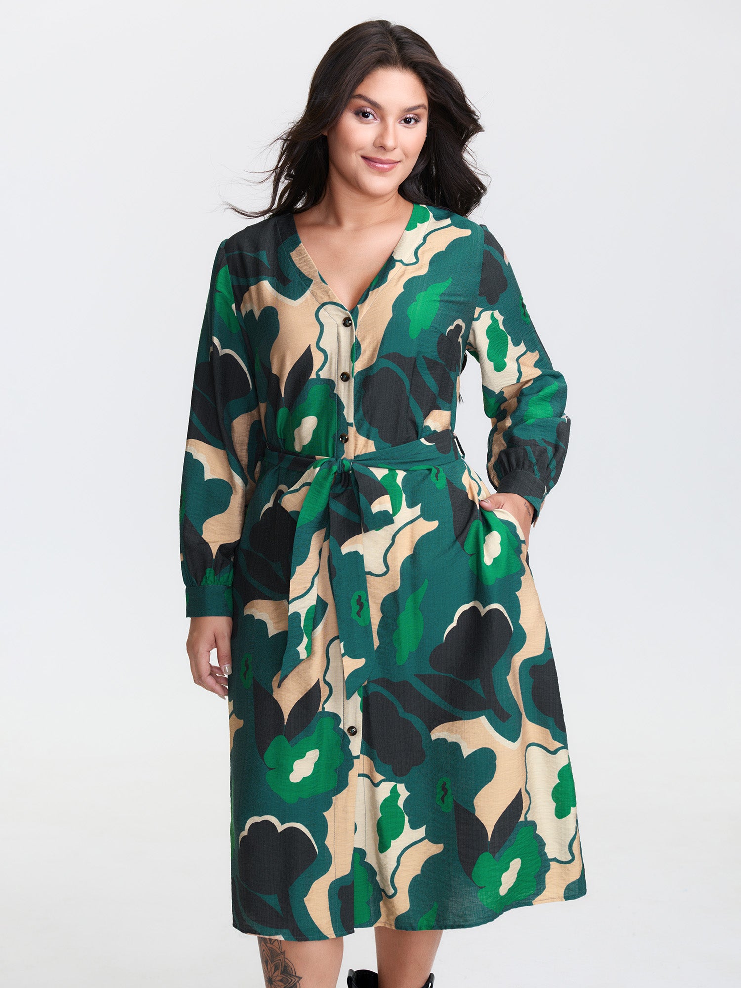Supersoft Split Hem Belted Abstract Midi Dress