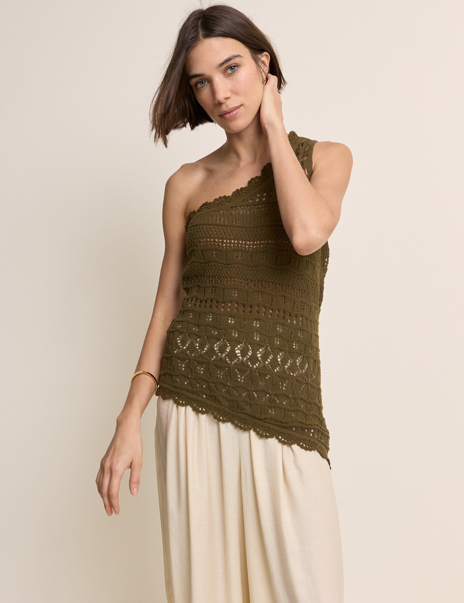 Green One Shoulder Crochet Top