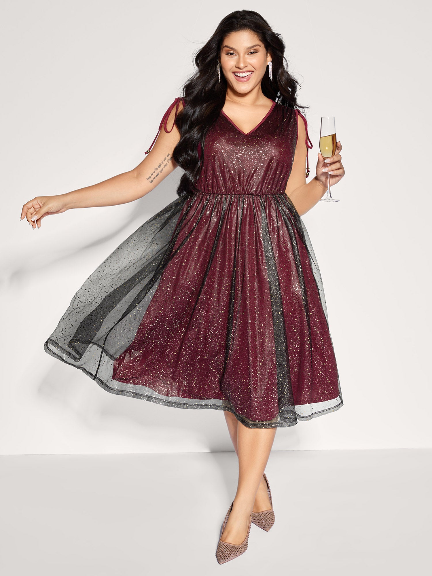Shimmery Sequin Rhinestones Shoulder Tie Midi Dress