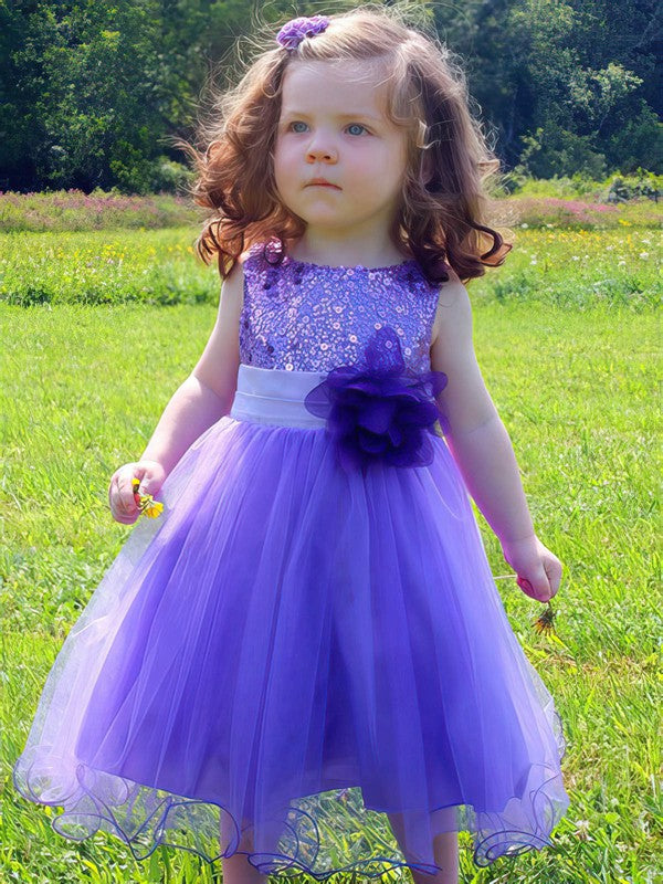Deluxe A-Line Crew Neck Sleeveless Tulle Sequined Tea-length Flower Girl Dresses