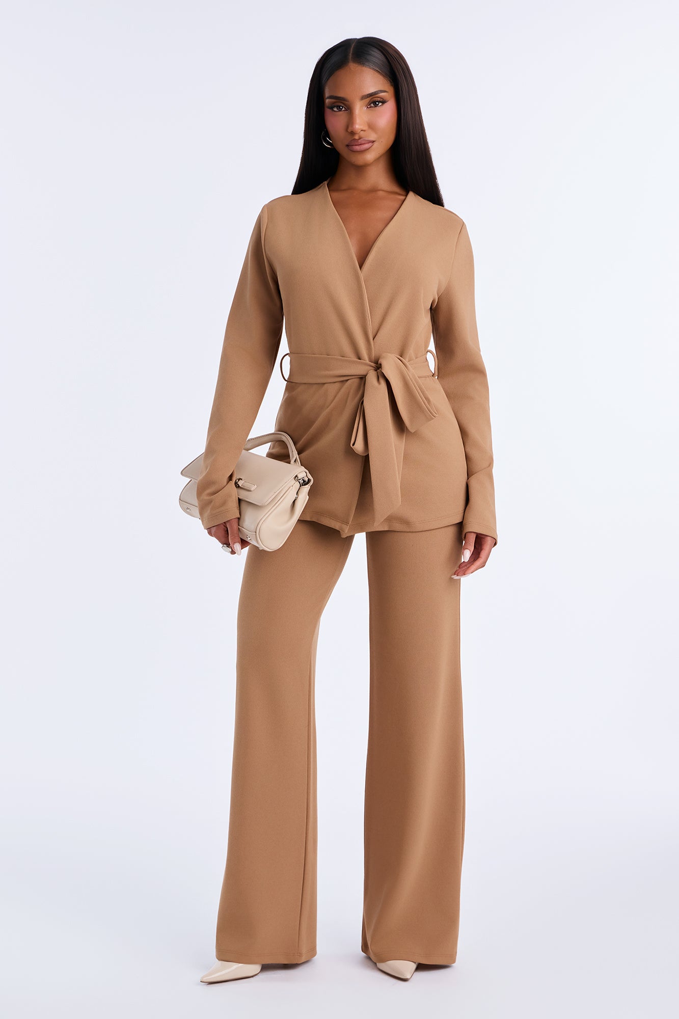Tia Crepe Tie Front Blazer Pant Set - Taupe