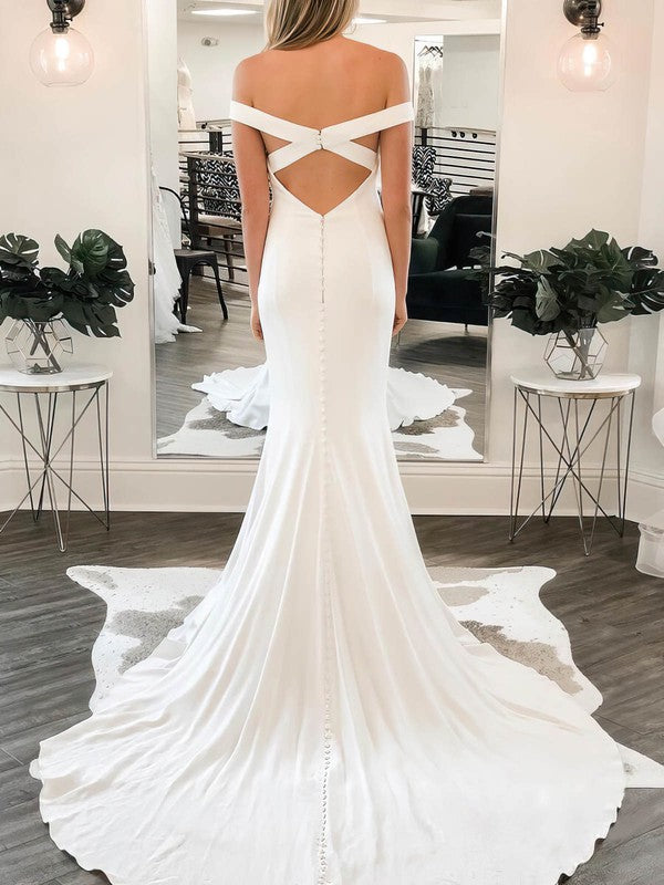 Glamorous Mermaid Off-The-Shoulder Backless Stretch Satin Wedding Dresses with Court Train