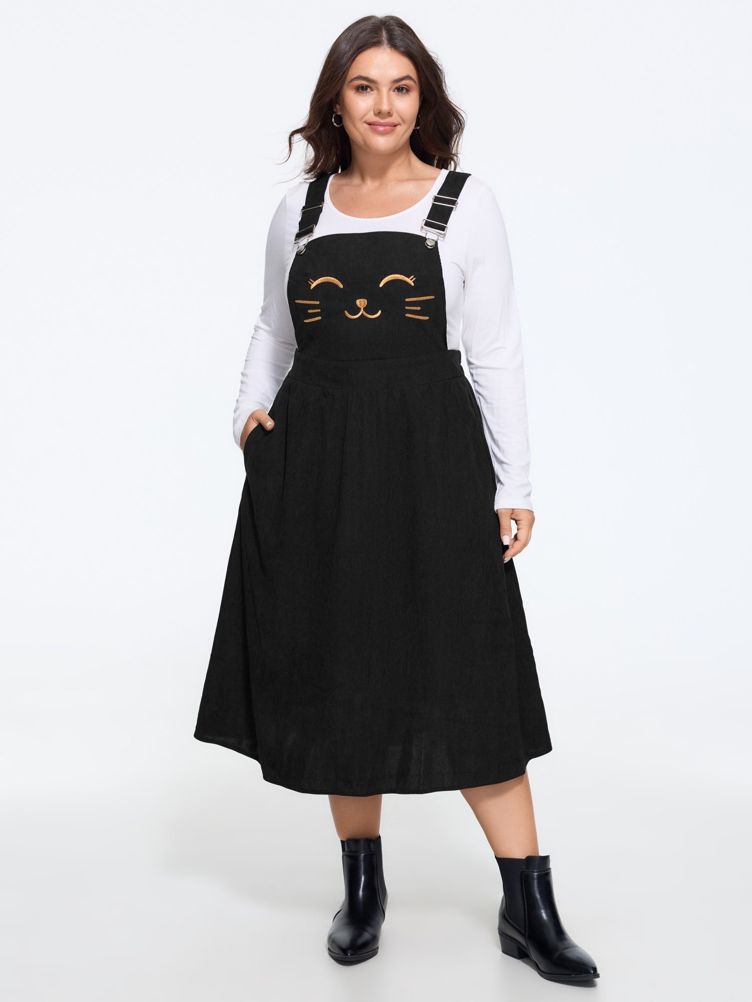 Happy Cat Embroidery Overall Straps Midi Dress