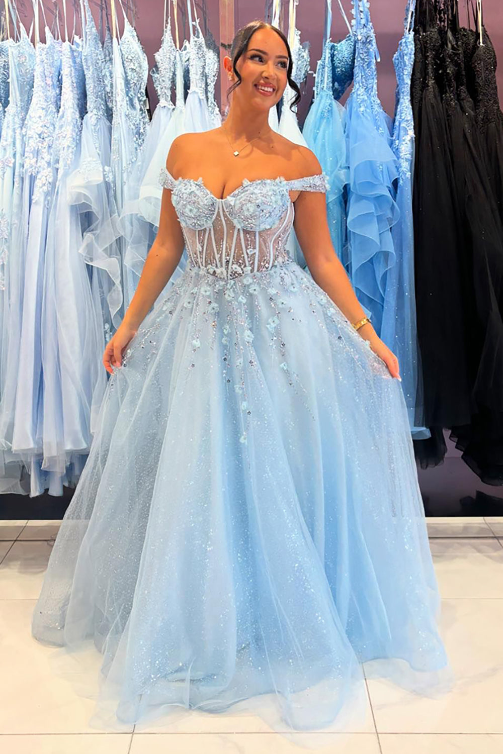 Long Sky Blue A-Line Corset Prom Dress with Appliques in Off-the-Shoulder Tulle