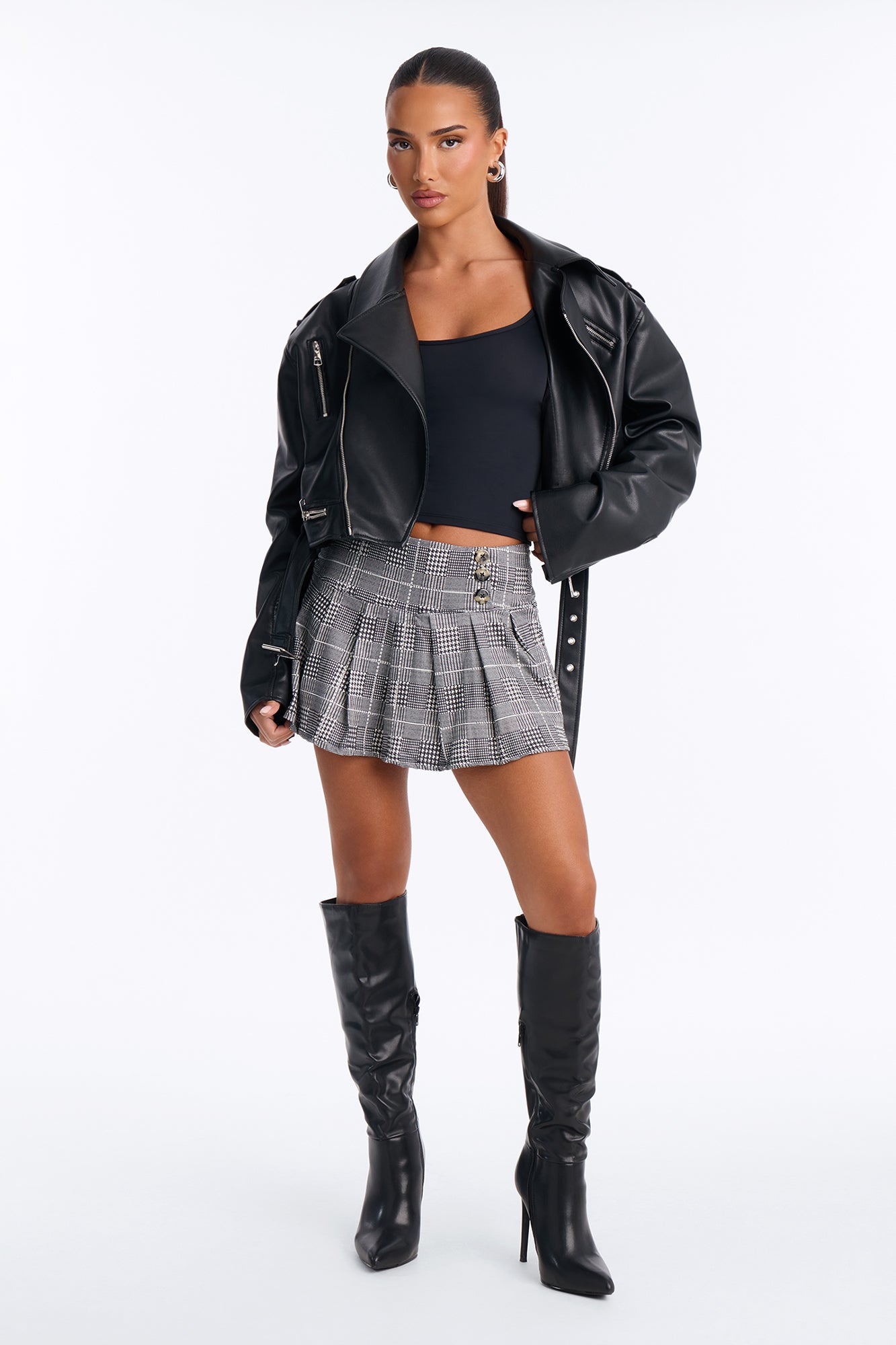 Harper High Rise Houndstooth Mini Skort - Grey/combo