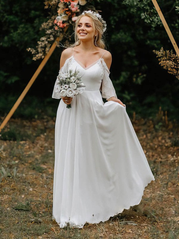 Elegant A-Line V-Neck Off-The-Shoulder Lace Chiffon Wedding Dresses