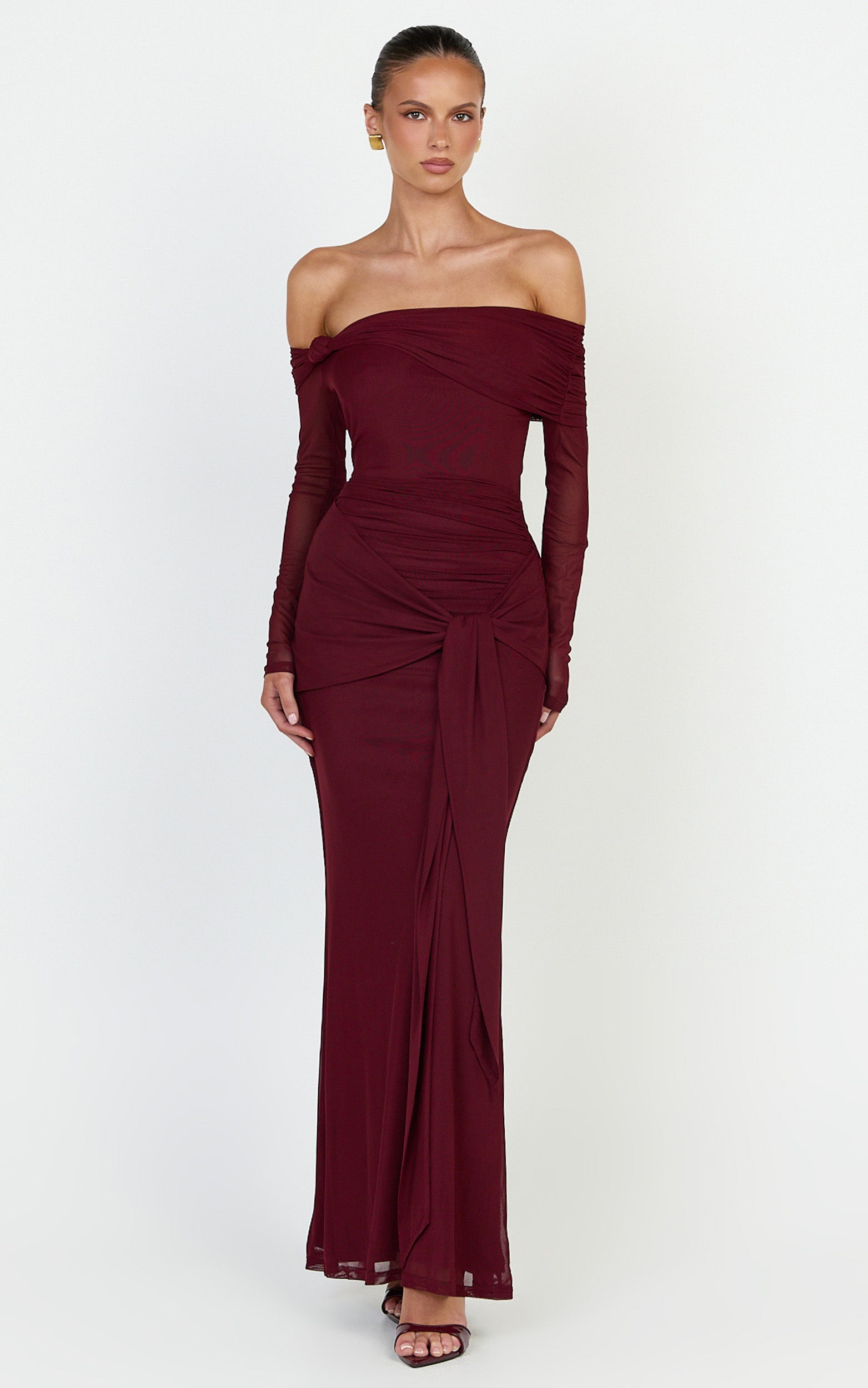 Waverly Maxi Dress - Long Sleeve Off Shoulder Dress in Wine