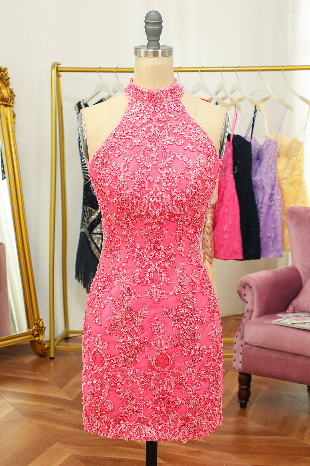 Pink Open Back Halter Lace Tight Short Homecoming Dress/Mini Dress