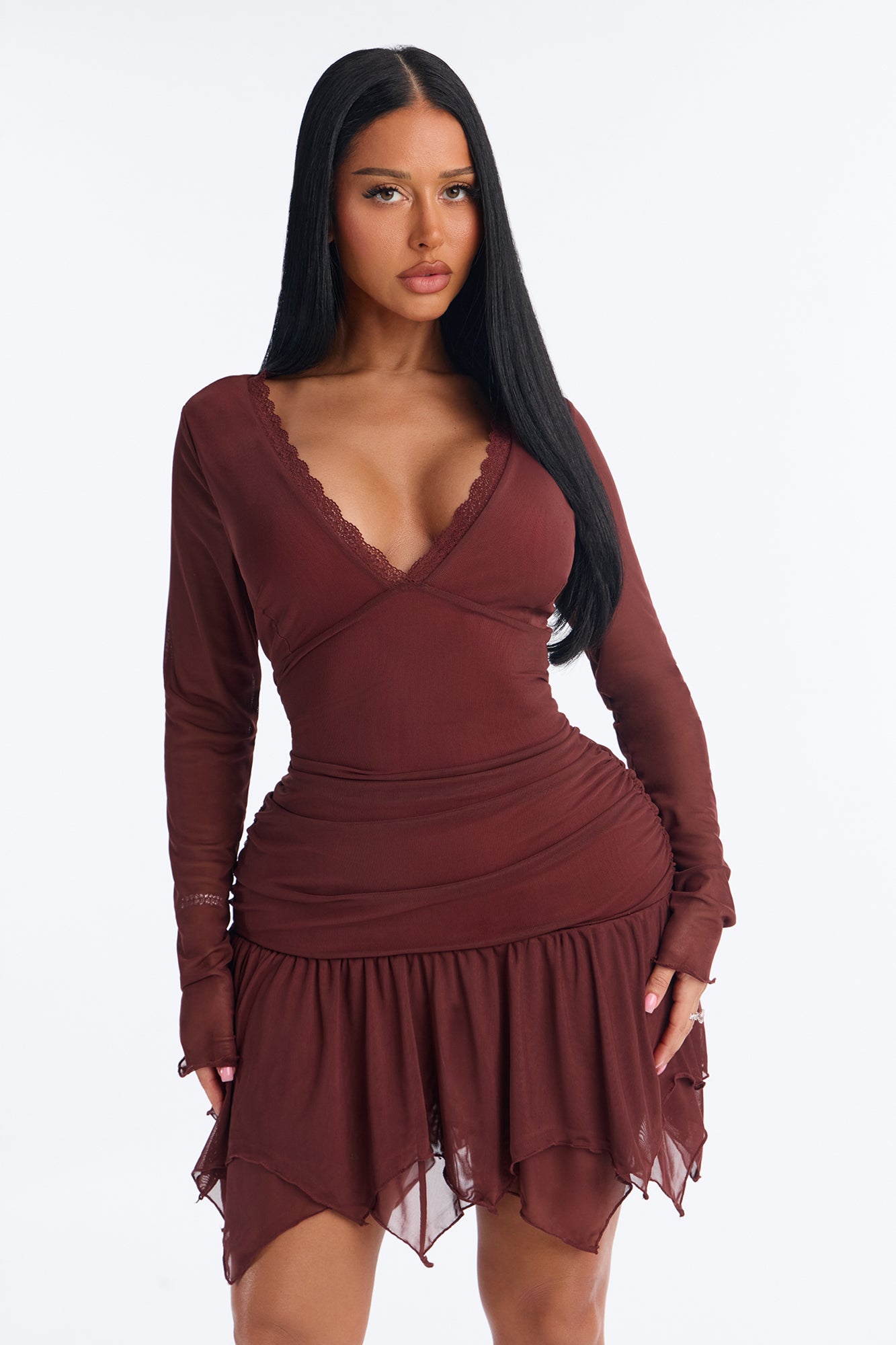 Thalia Lace Trim Mesh Mini Dress - Brown