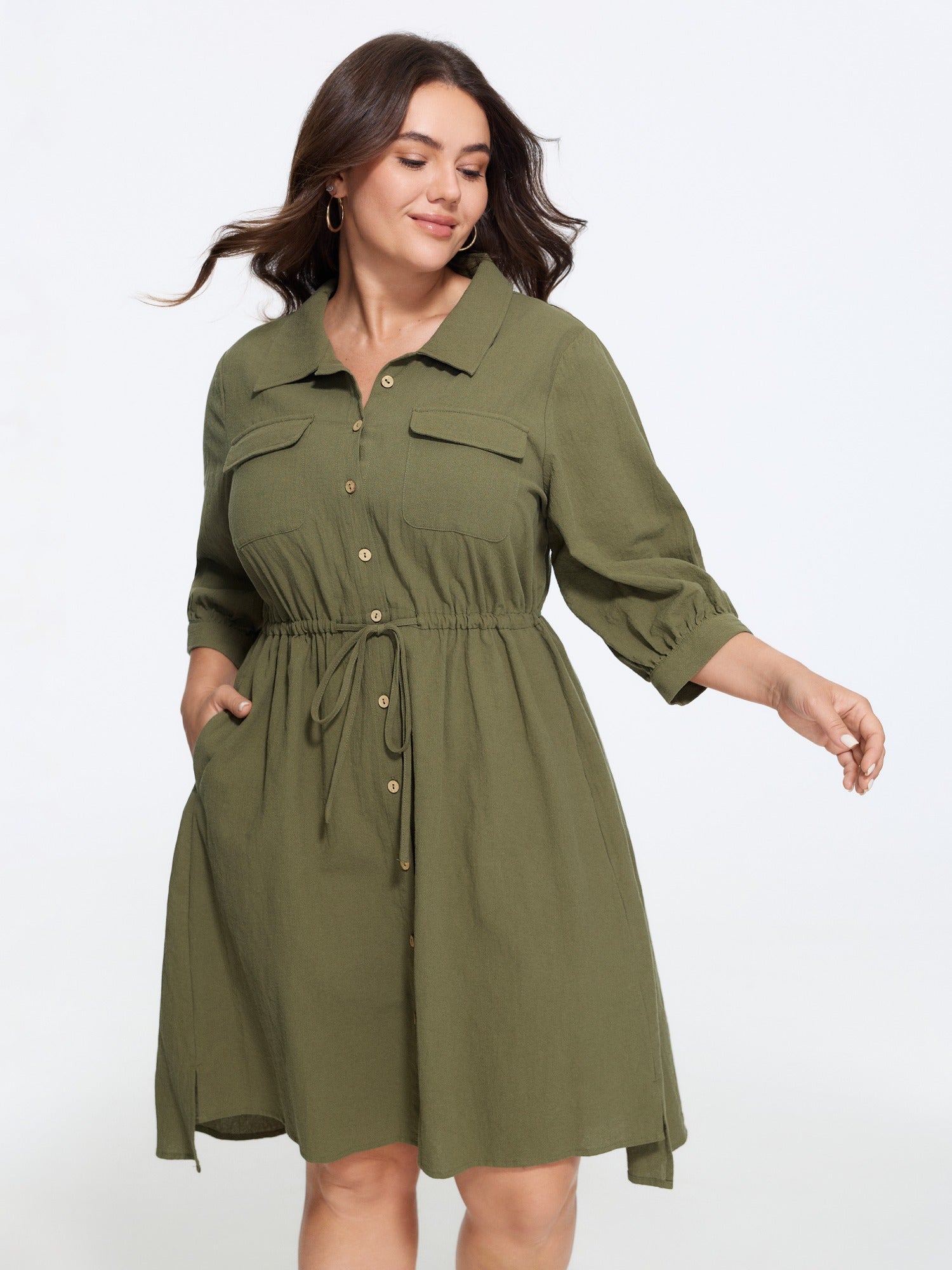 Cotton Lapel Collar Button Front Drawstring Waist Mini Dress