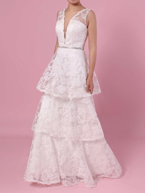 Sexy V-Neck Sleeveless Lace Ball Gown Wedding Dresses with Sweep Train