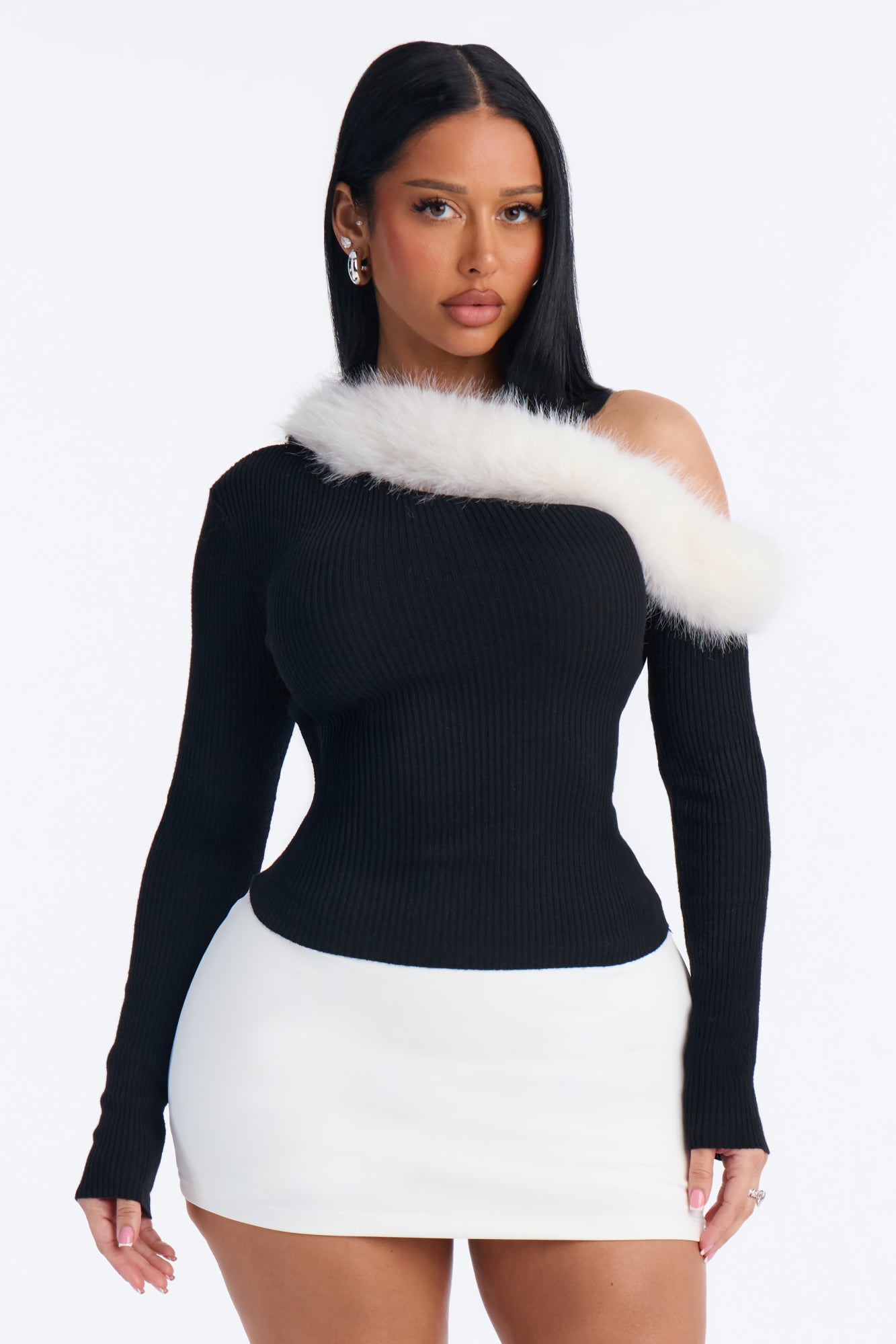 Ambi Faux Fur One Shoulder Pullover Sweater - Black/combo