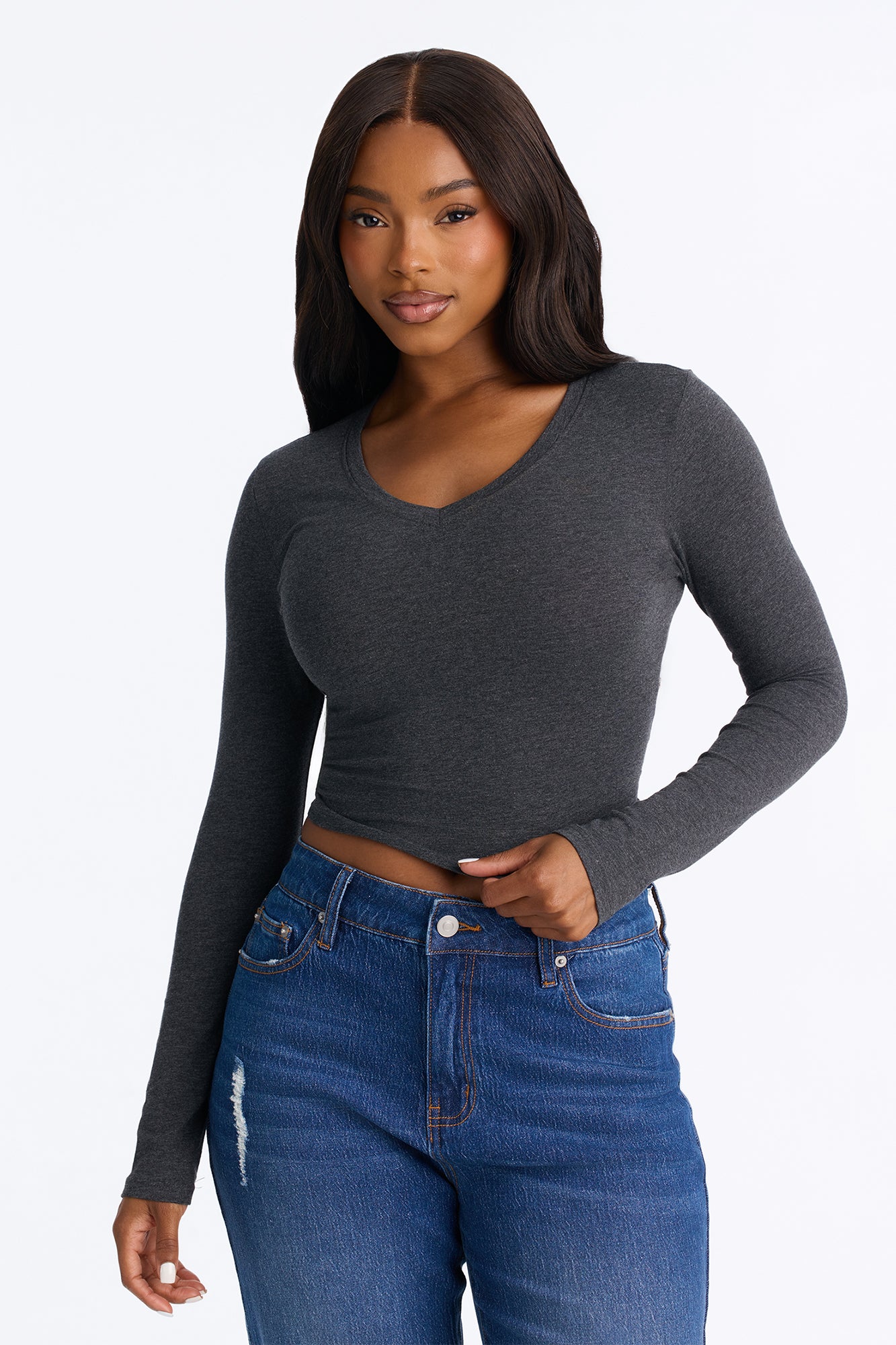 Sariah Cropped V Neck Long Sleeve Tee - Charcoal