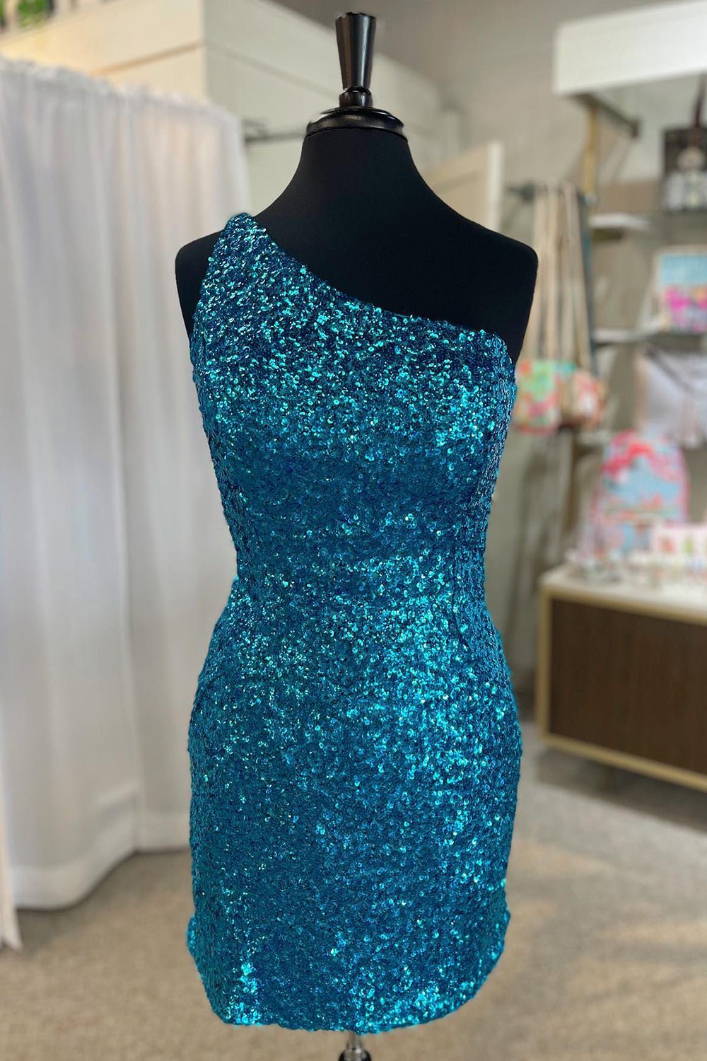 Sparkly Blue Sequined One Shoulder Tight Short Homecoming Dress/Mini Dress
