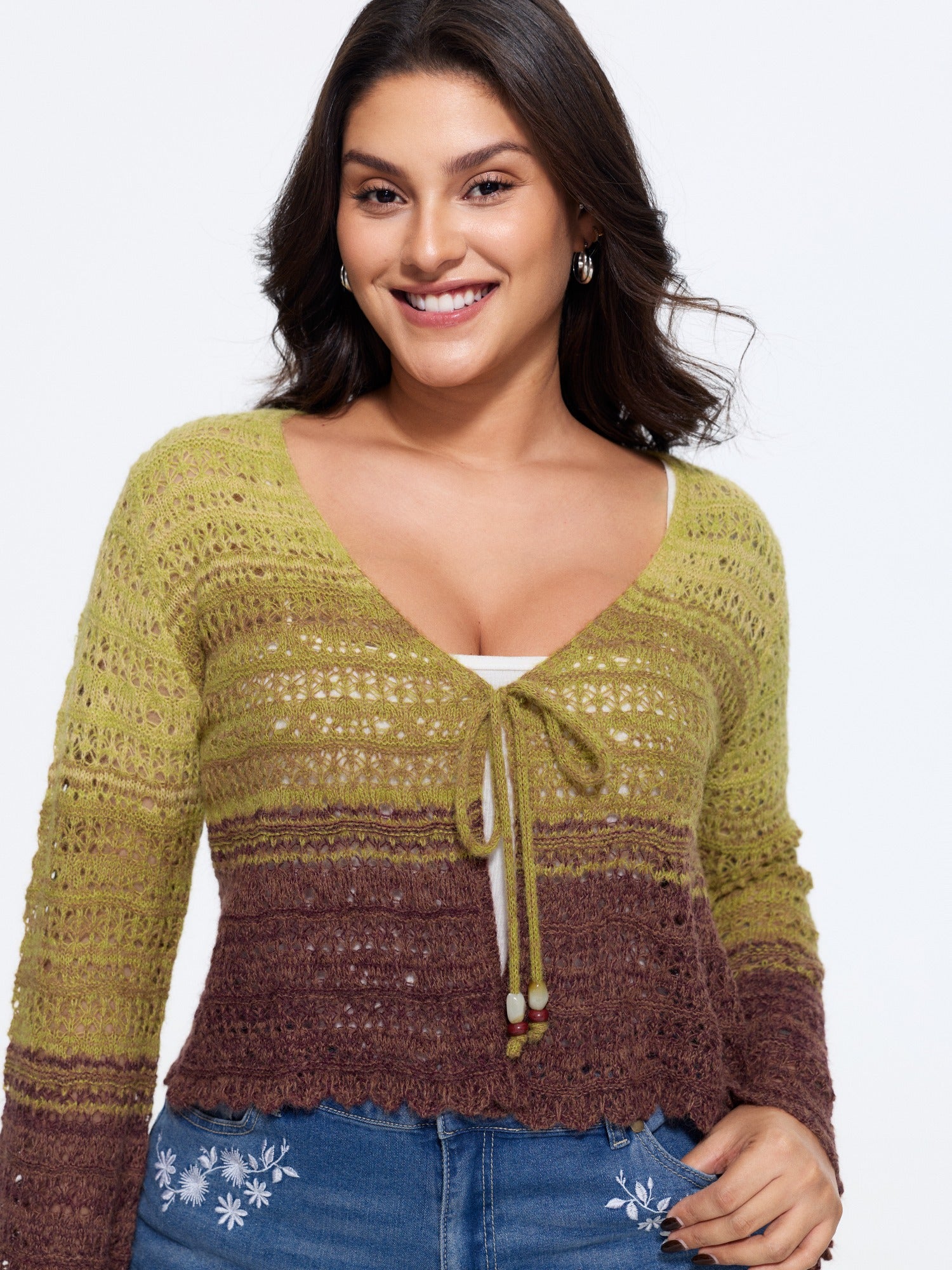 Ombre Tie Front Cut Out Cardigan