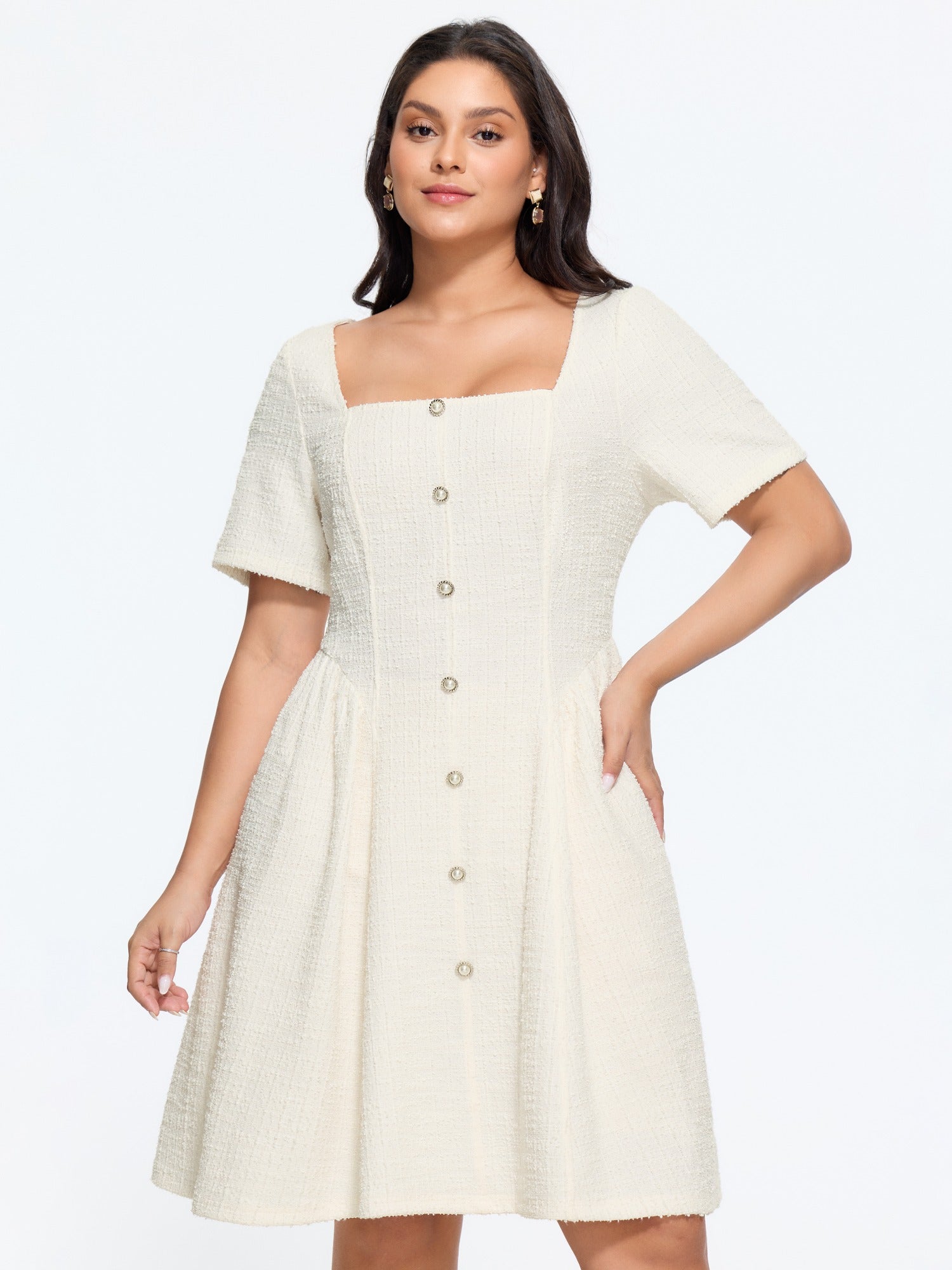 Tweed Square Neck Button Front Mini Dress