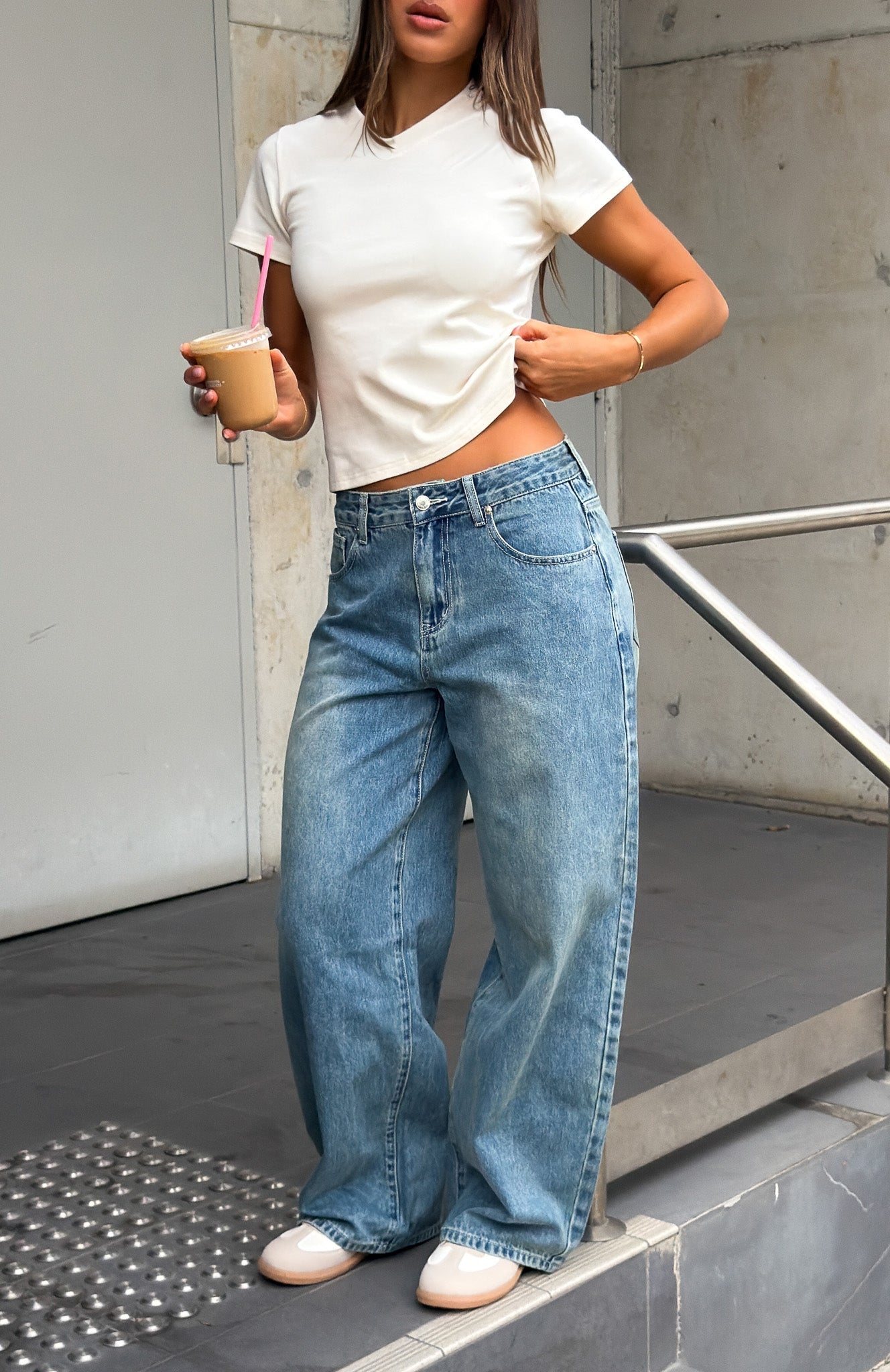Not My Type Denim Low Rise Wide Leg Jeans Brown Blue Wash