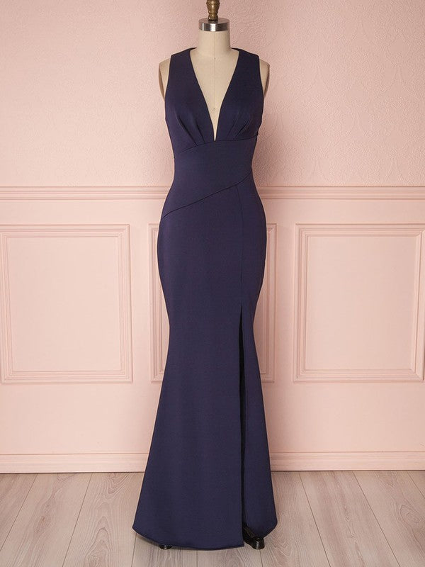 Chic V-Neck Stretch Satin Sheath Bridesmaid Dresses with Split