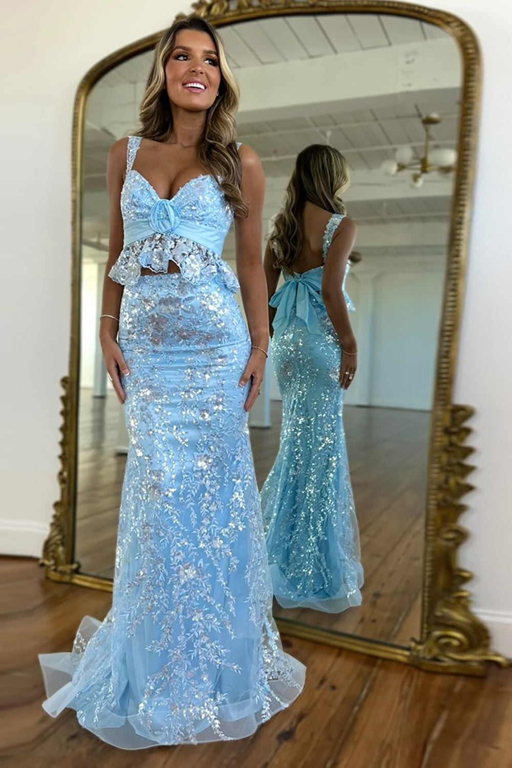 Blue Glitter Sweetheart Long Prom Dress with Bowknot Applique