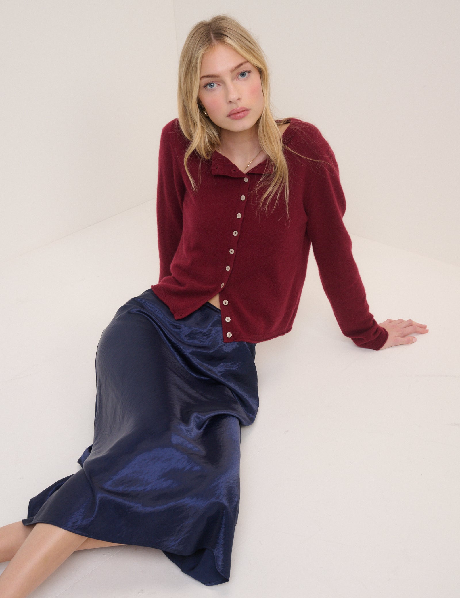Navy Satin Mila Midi Skirt