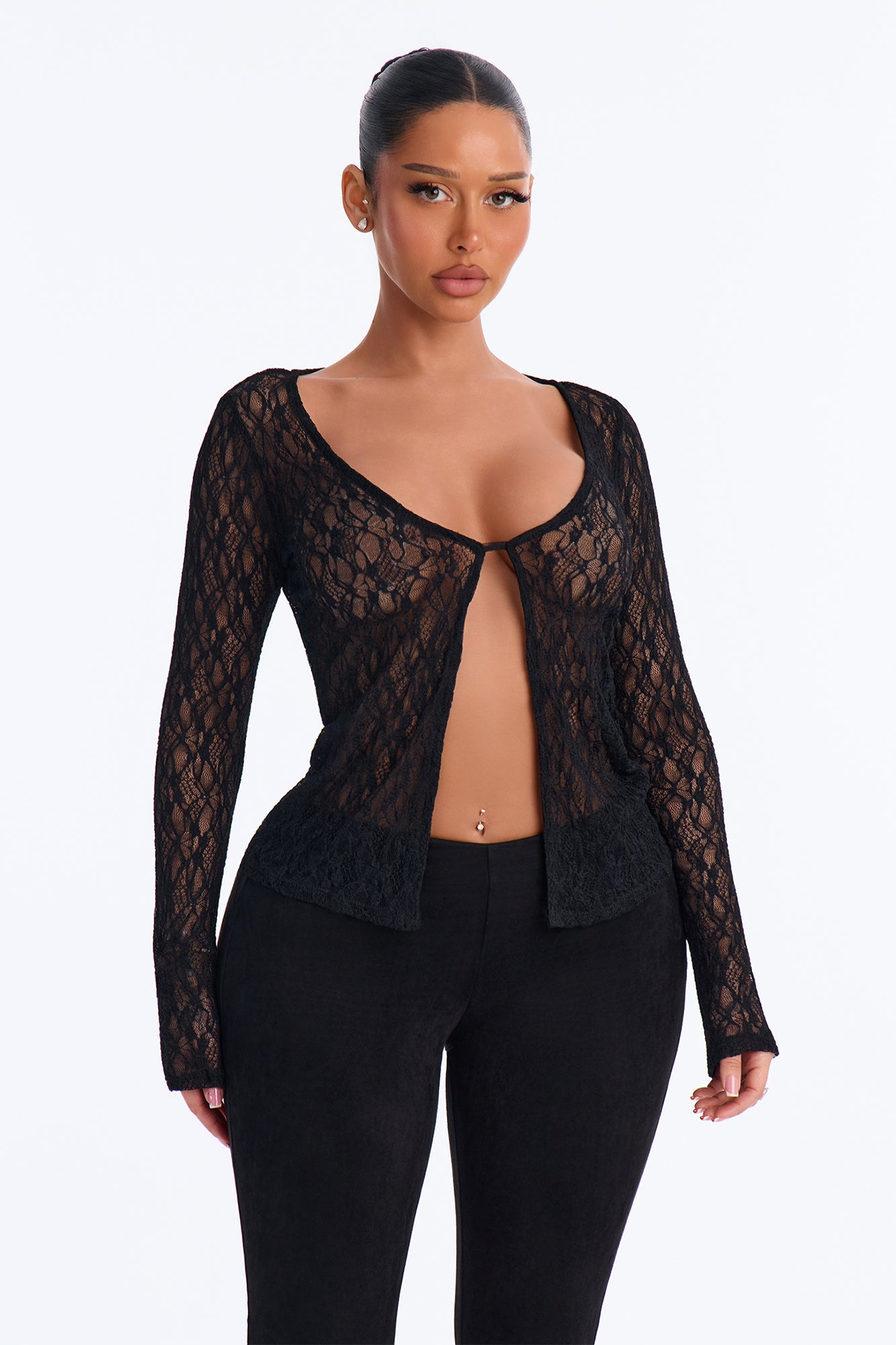 Mia Lace Long Sleeve Flyaway Top - Black