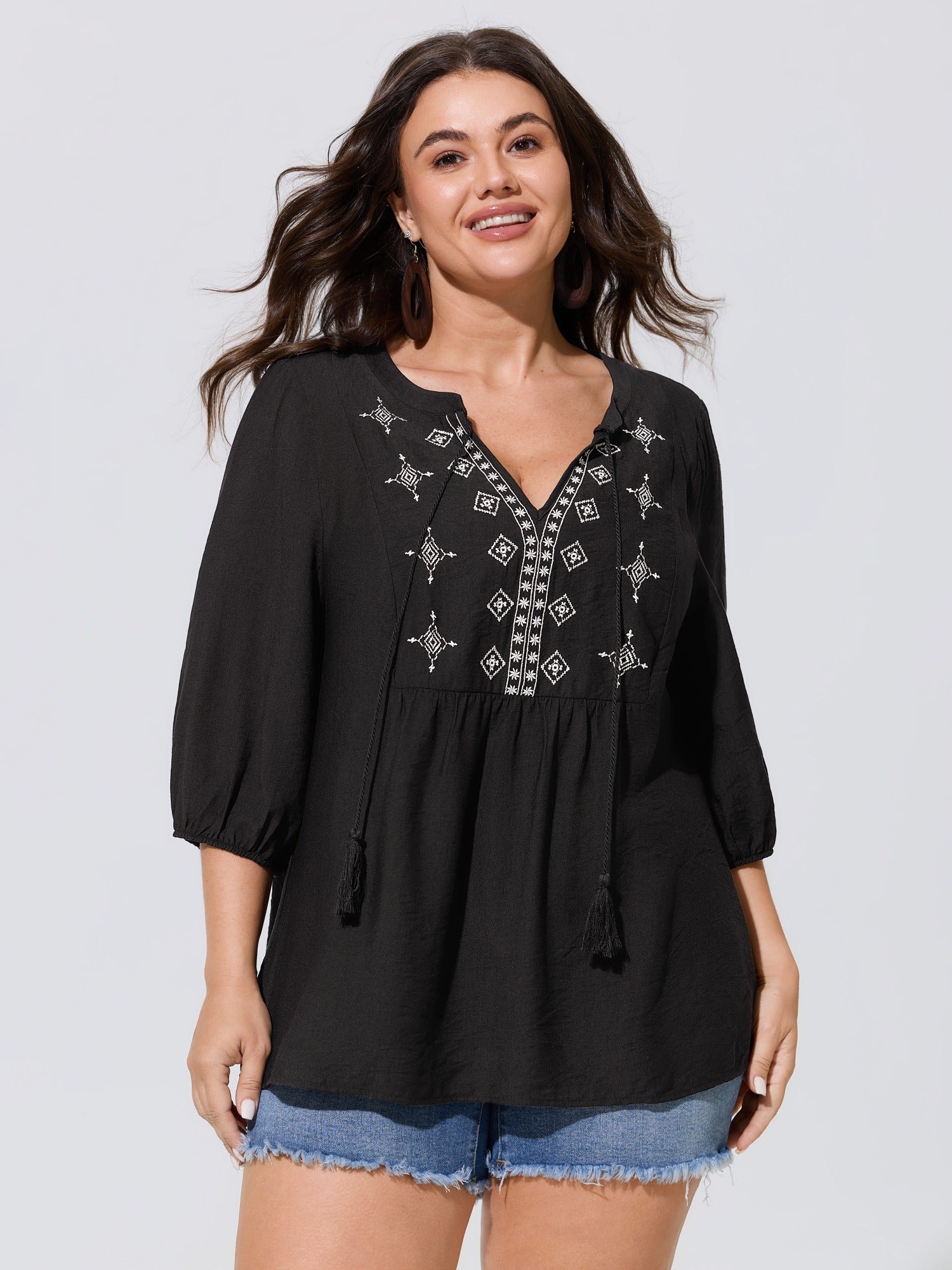 Supersoft Boho Embroidered Tassel Tie Blouse