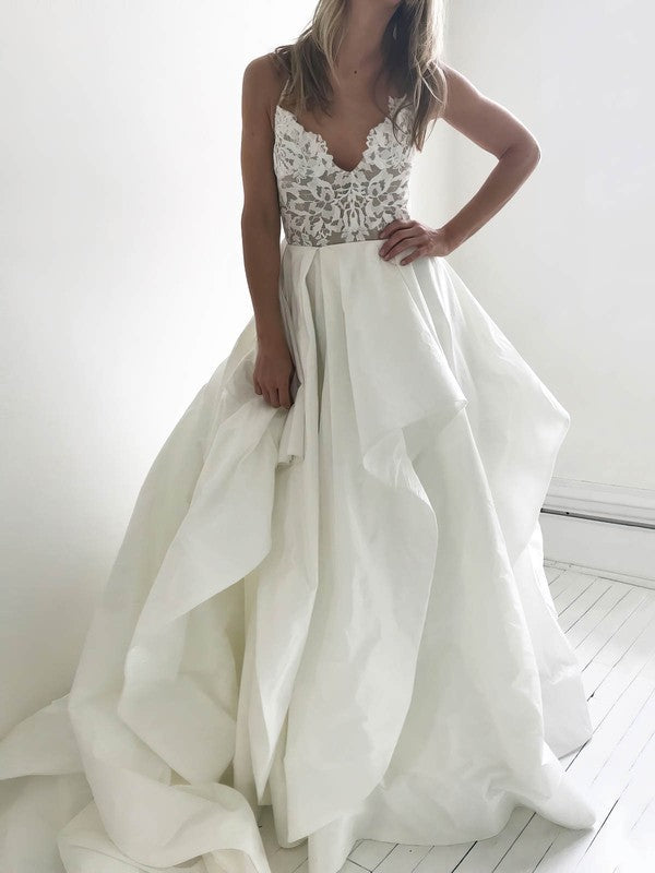 Exquisite V-Neck Satin Court Train Wedding Dresses with Cascading Ruffles