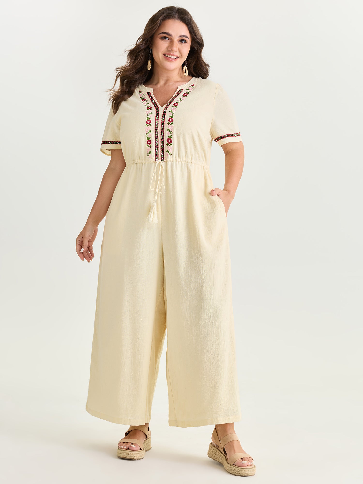 Cotton Floral Embroidered Tassel Waist Jumpsuit