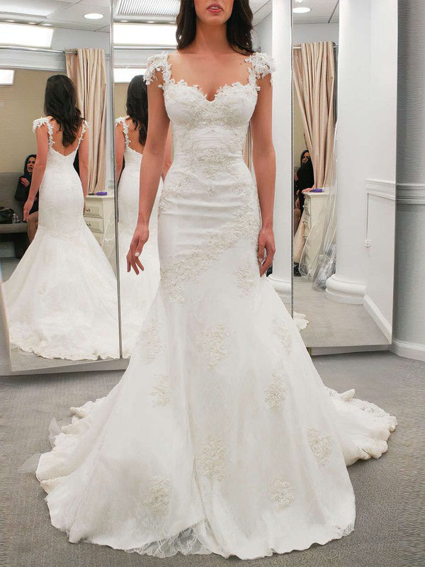 Beautiful Capped Sweetheart Lace Mermaid Wedding Dresses with Appliques