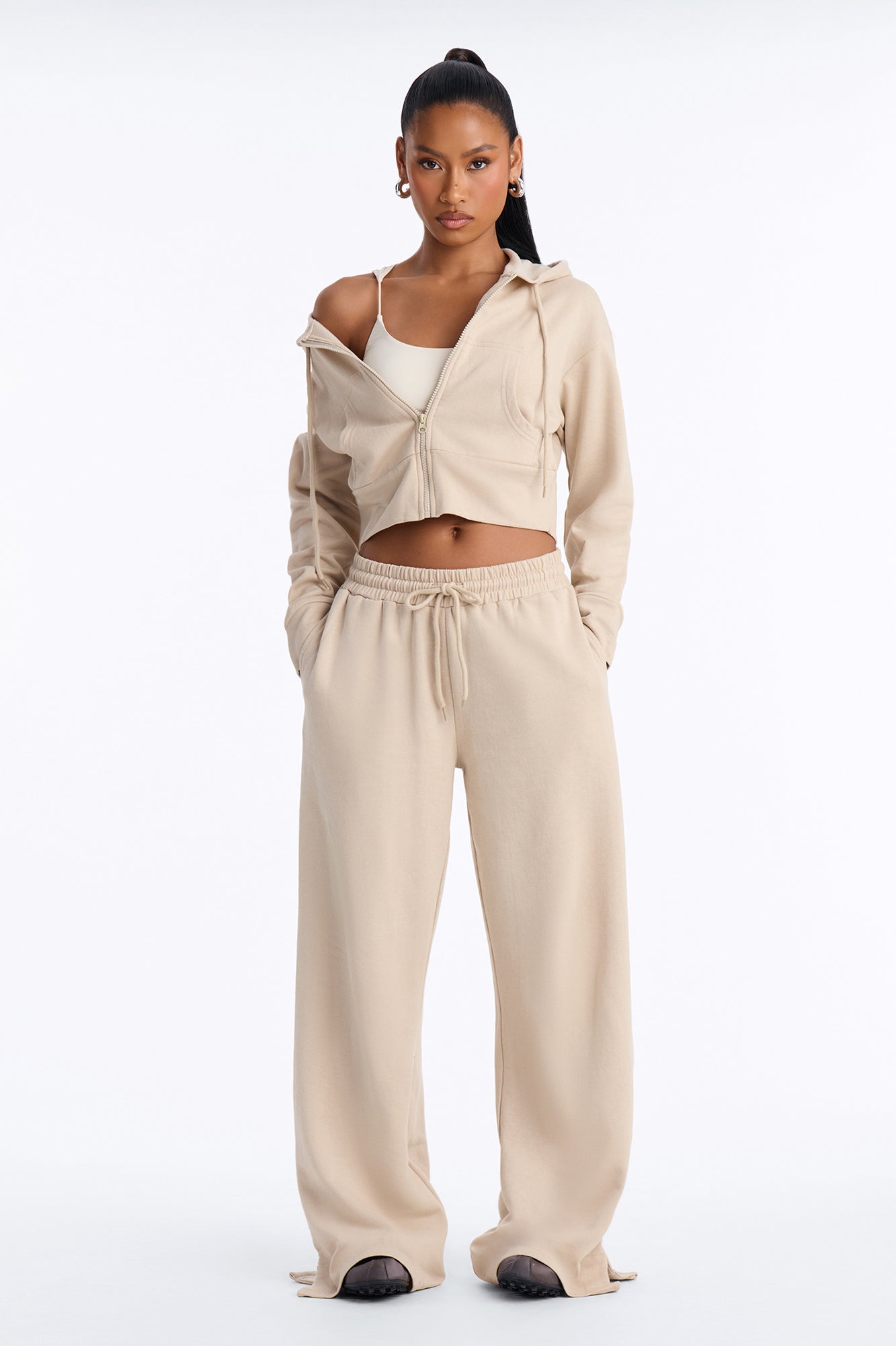 Janeth Zip Up Fleece Pant Set - Taupe
