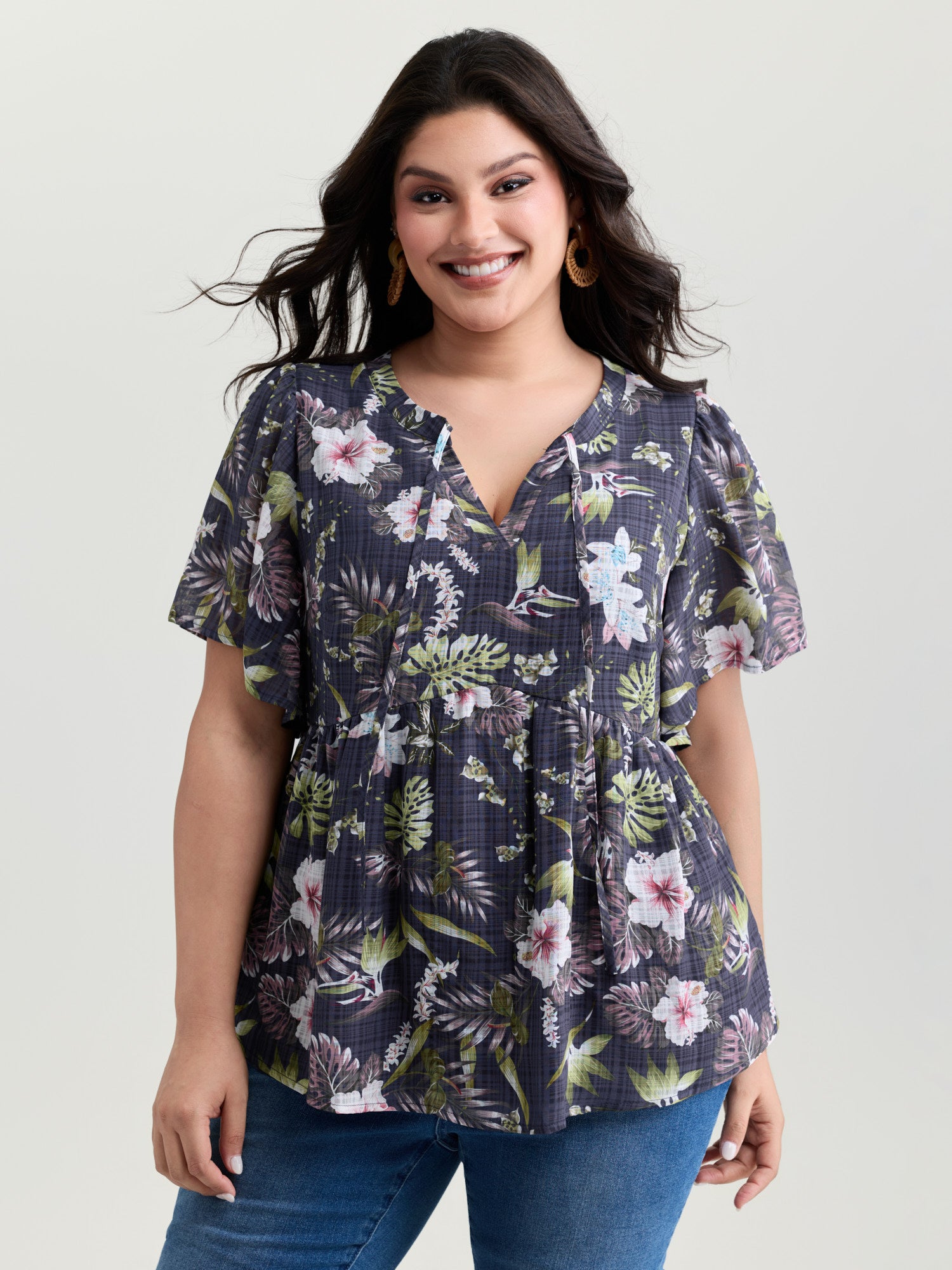 Floral Print Drawstring Split Neckline Blouse