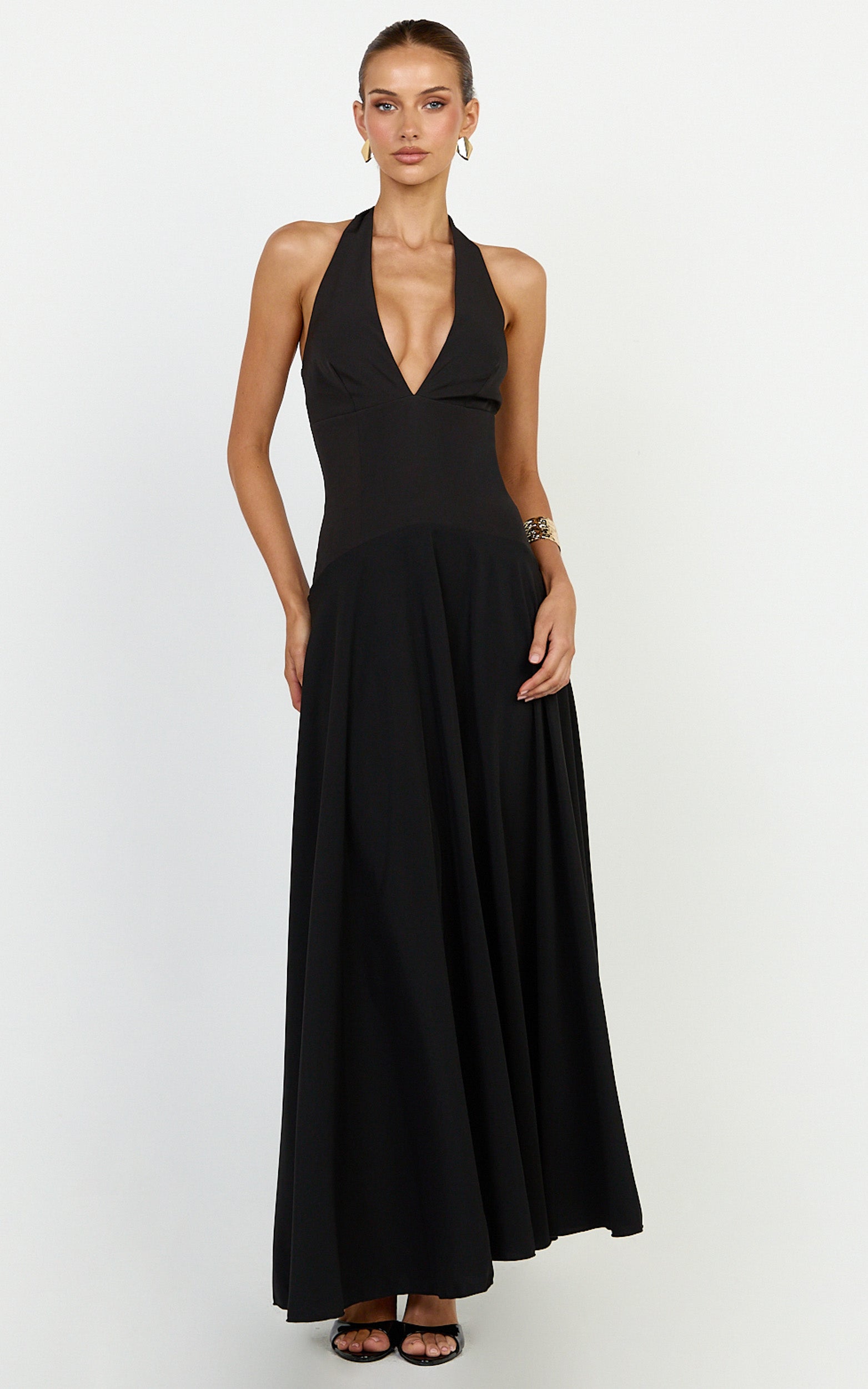 Poppy Maxi Dress - Contrast Skirt Deep Plunge Halter Dress in Black