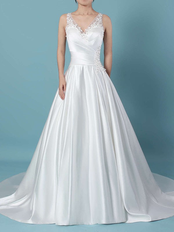 Stunning Sleeveless V-Neck Satin Court Train Wedding Dresses