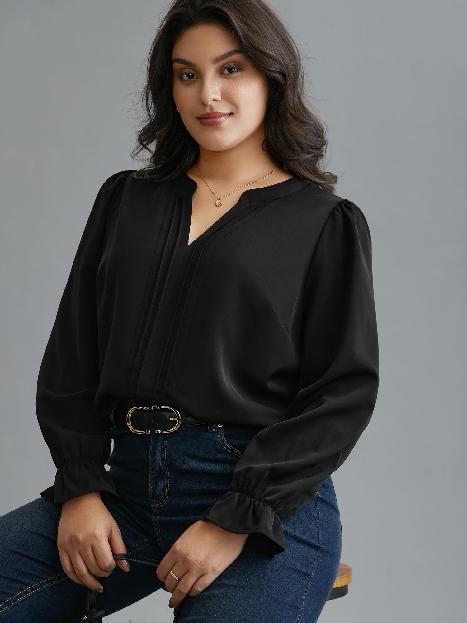 Notched Collar Pleated Lantern Sleeve Blouse