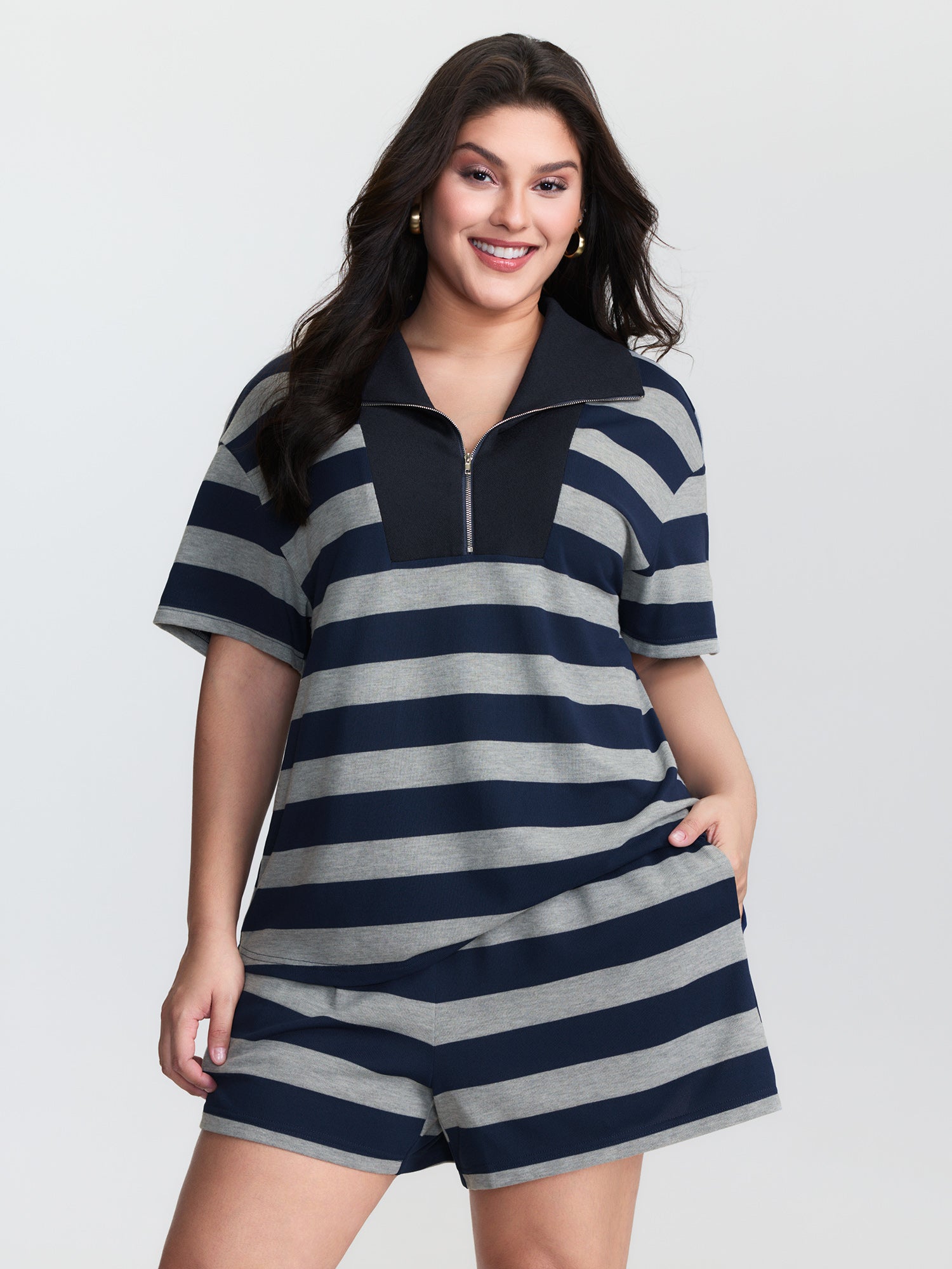 Monochrome Striped Lapel Collar Two-Piece Set