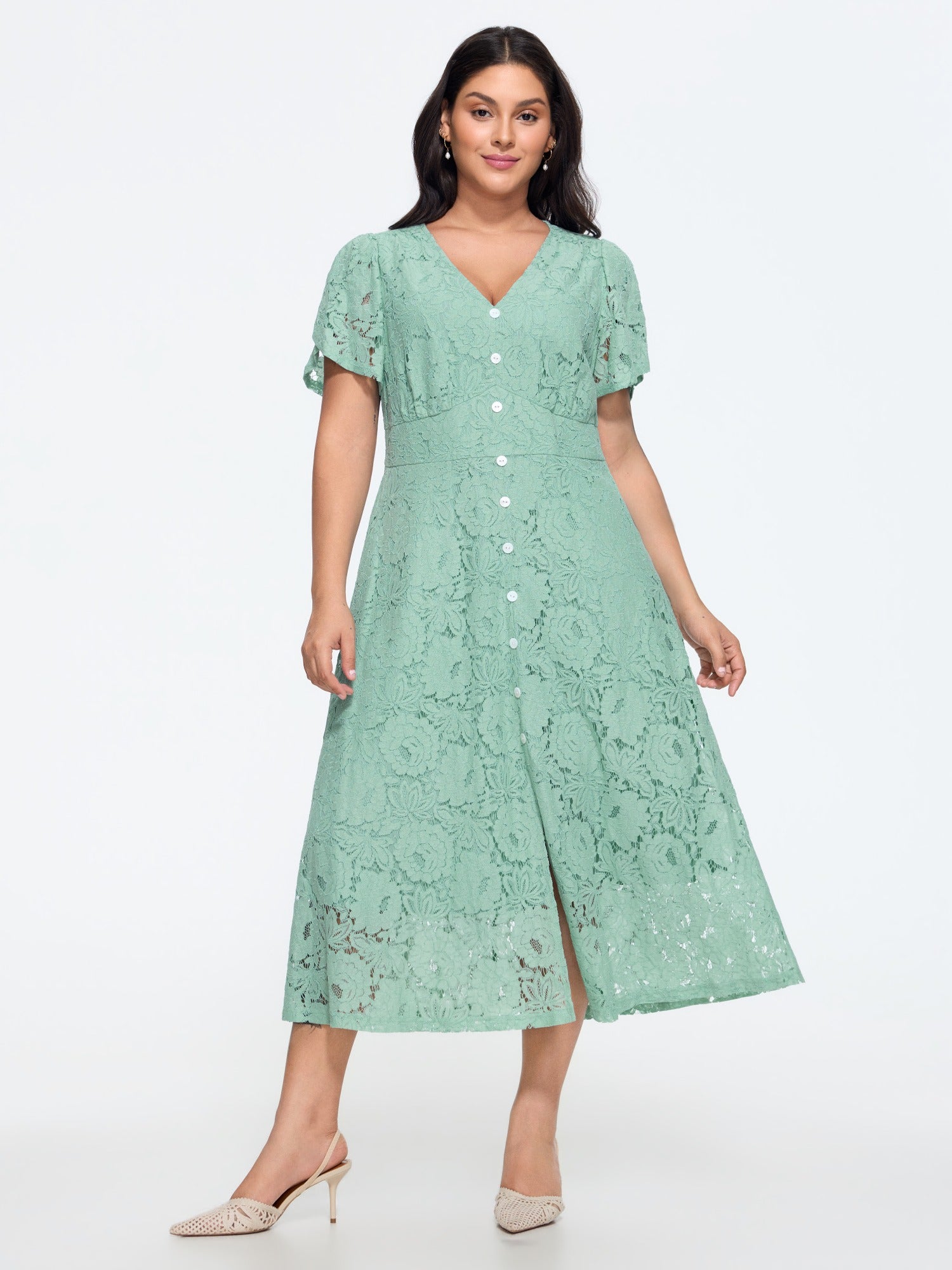 Lace Cut Out Button Front Split Midi Dress