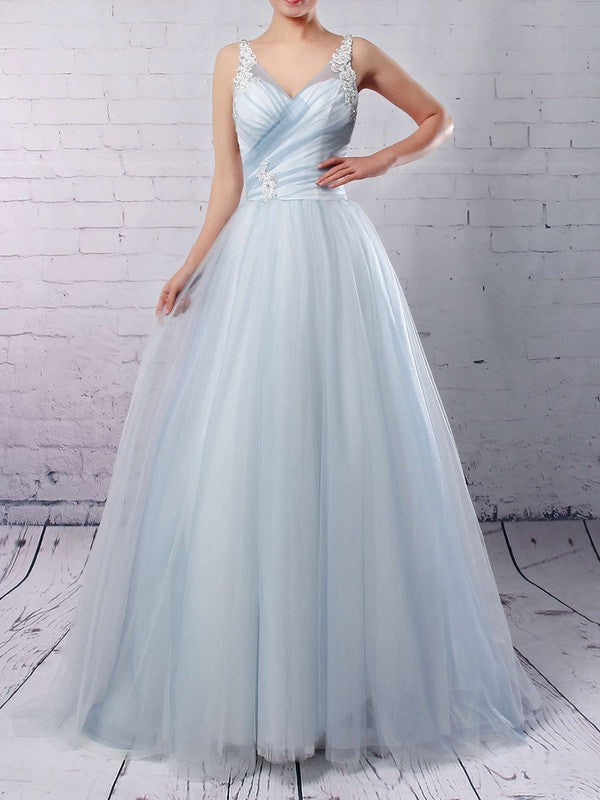 Beautiful V-Neck Tulle Sweep Train A-Line Wedding Dresses with Appliques