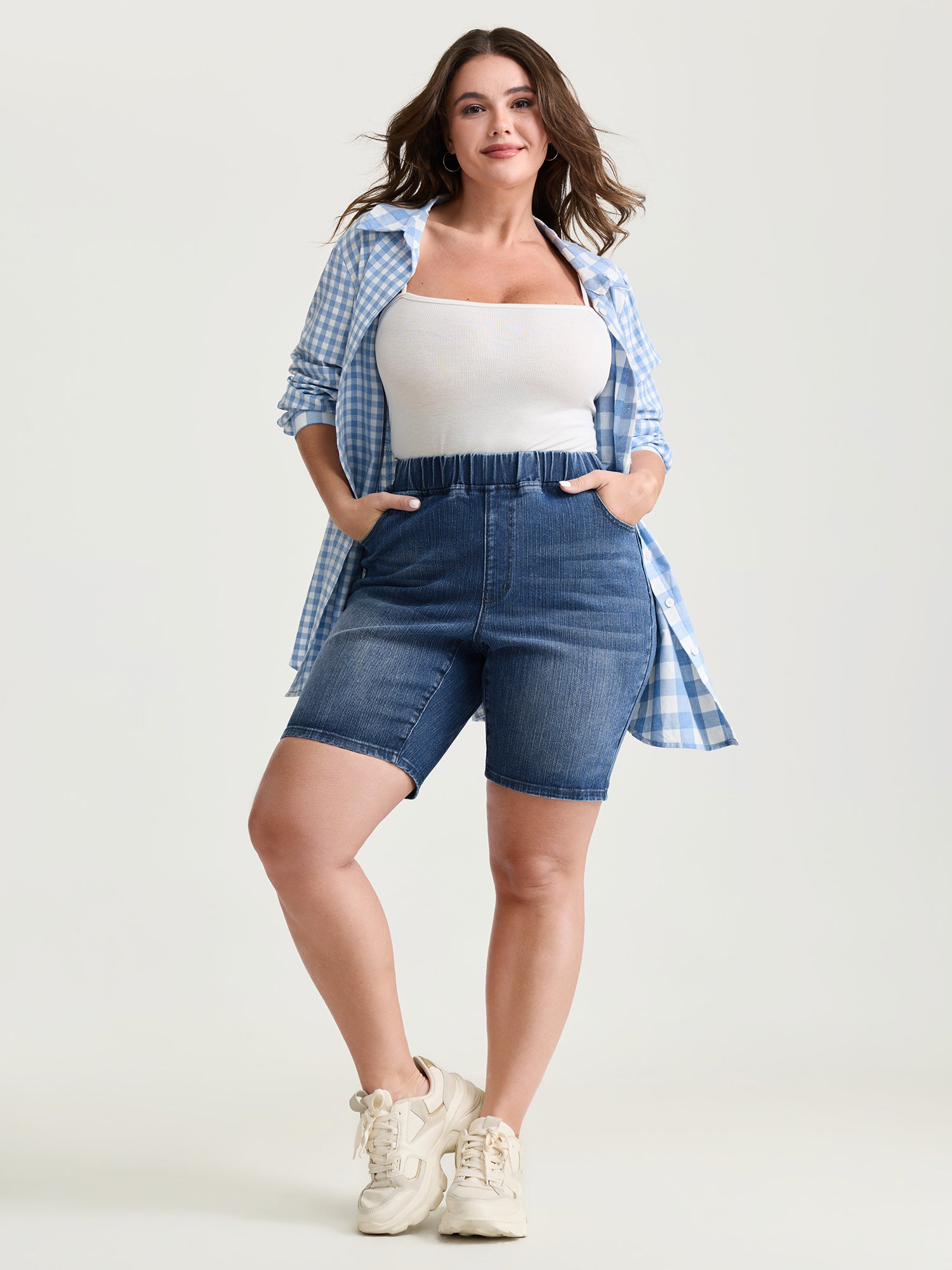 Stretchy Pull-On High Waist Pockets Denim Shorts