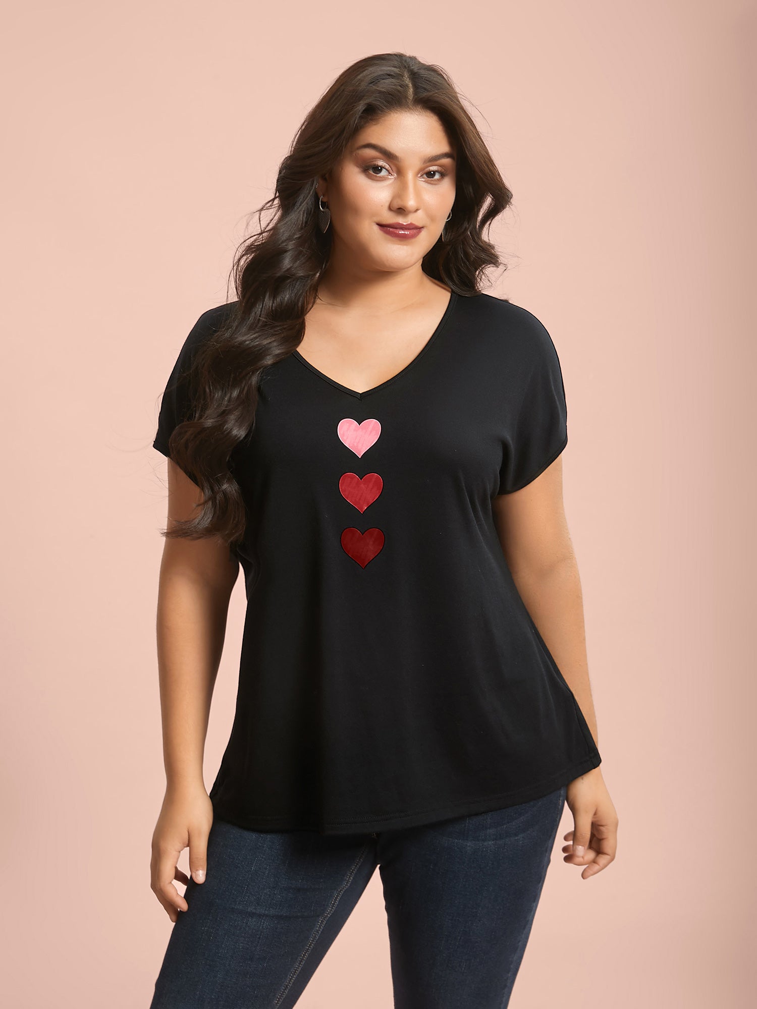 Heart Print Stretchy Dolman Sleeve T-Shirt