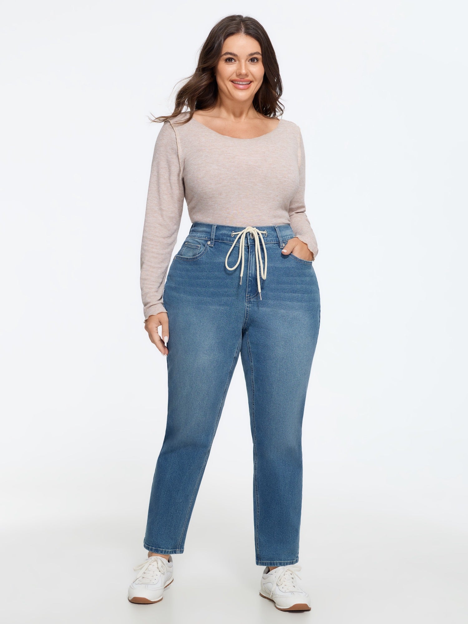 Stretch Drawstring Waist Straight Leg Jeans