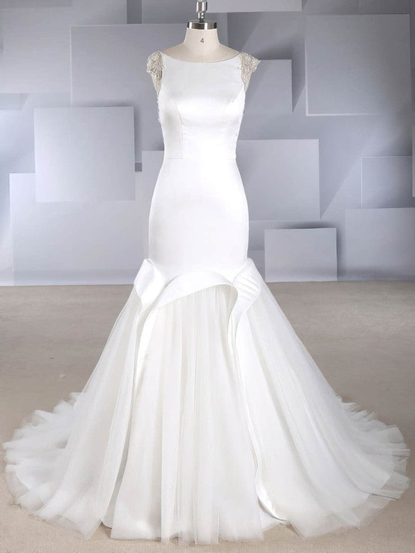 Stunning Trumpet Crew Neck Satin Tulle Sweep Train Wedding Dresses
