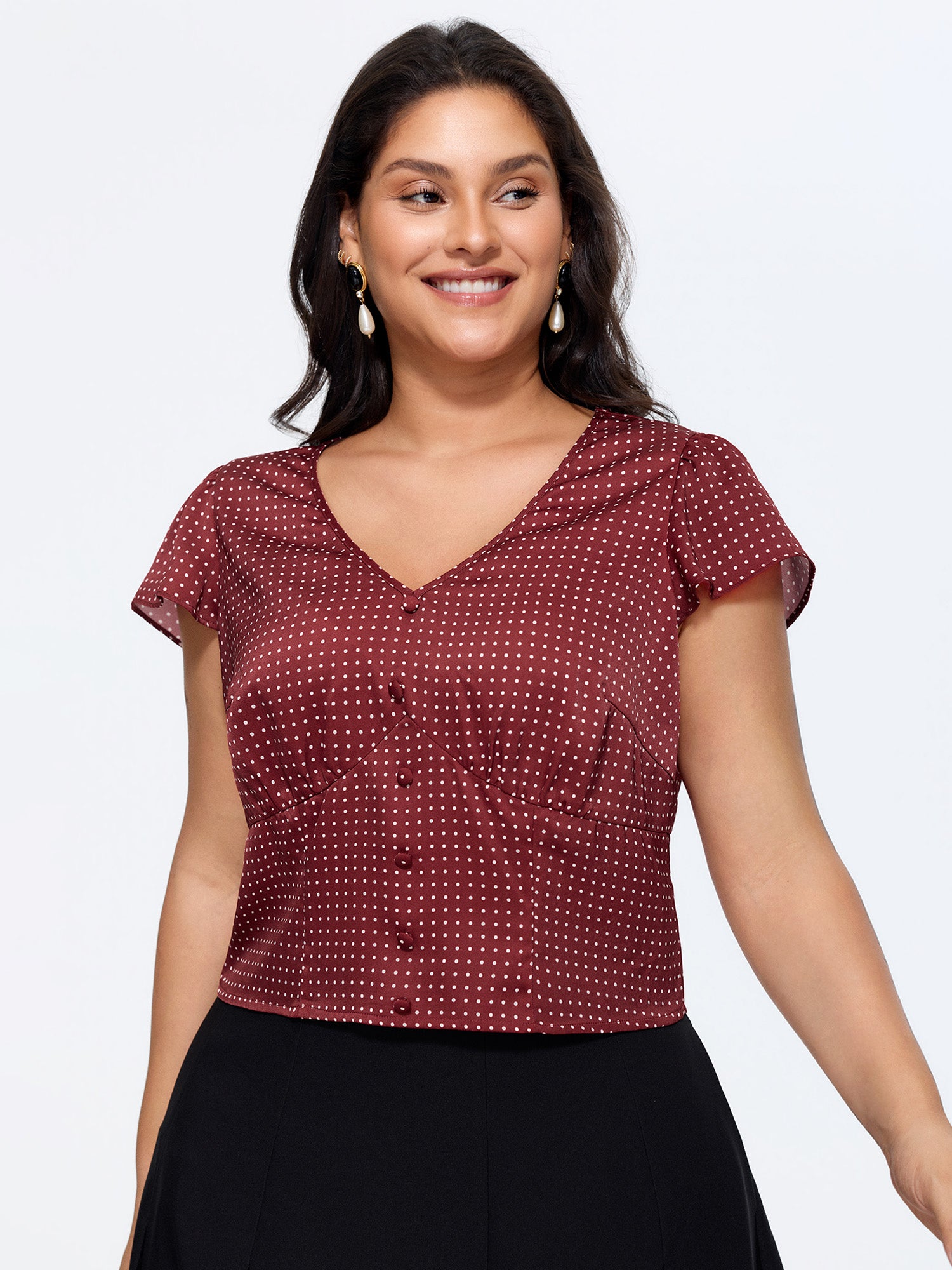 Satin Polka Dot Print Shirred Cropped Blouse