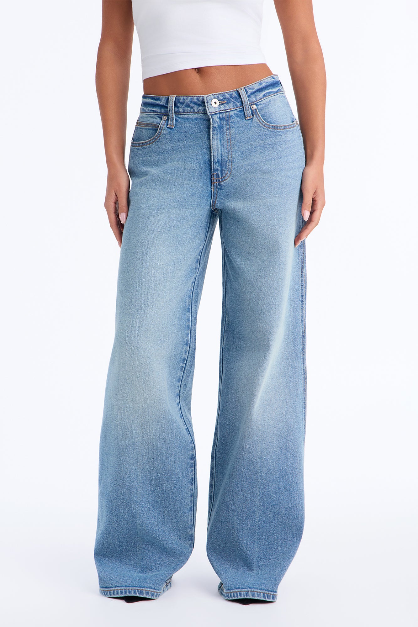 Just Because Mid Waist Wide Leg Jeans - Medium Wash