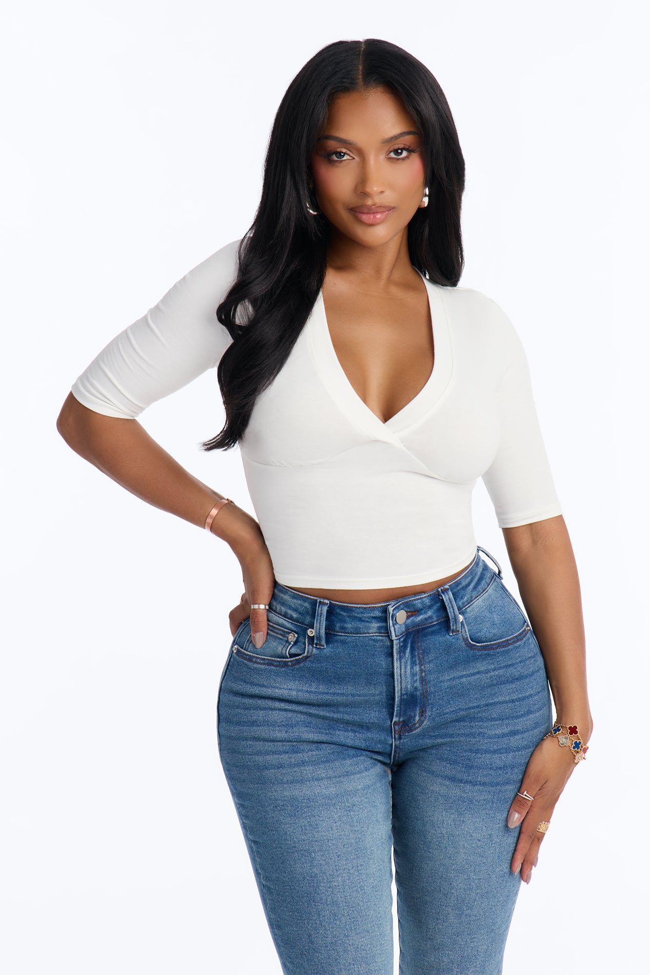 Kate Elbow Sleeve V-Neck Top - Off White