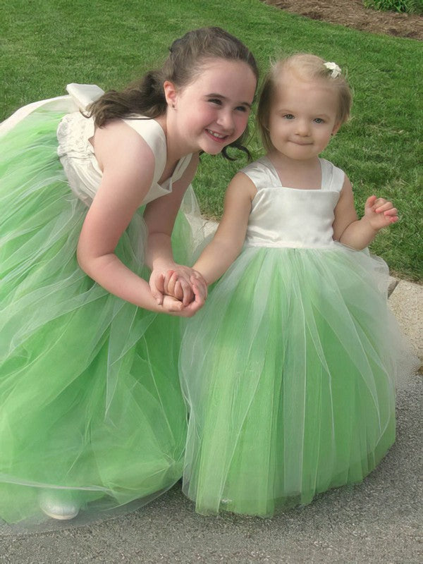 Beautiful A-Line Square Neck Straps Tulle Floor-Length Flower Girl Dresses with Bow