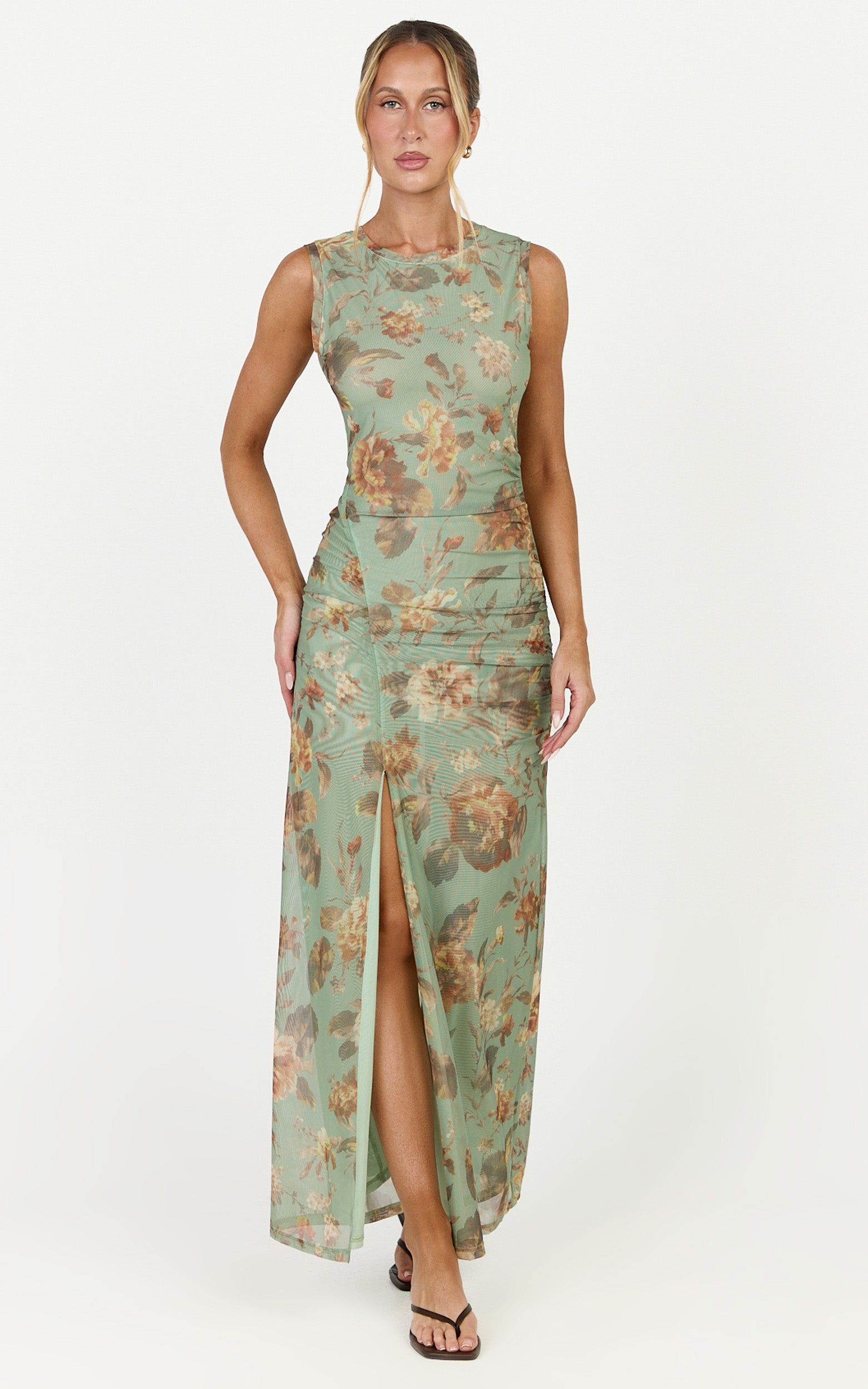 Amy Maxi Dress - Gathered Detail Front Split Sleeveless Dress in Multi