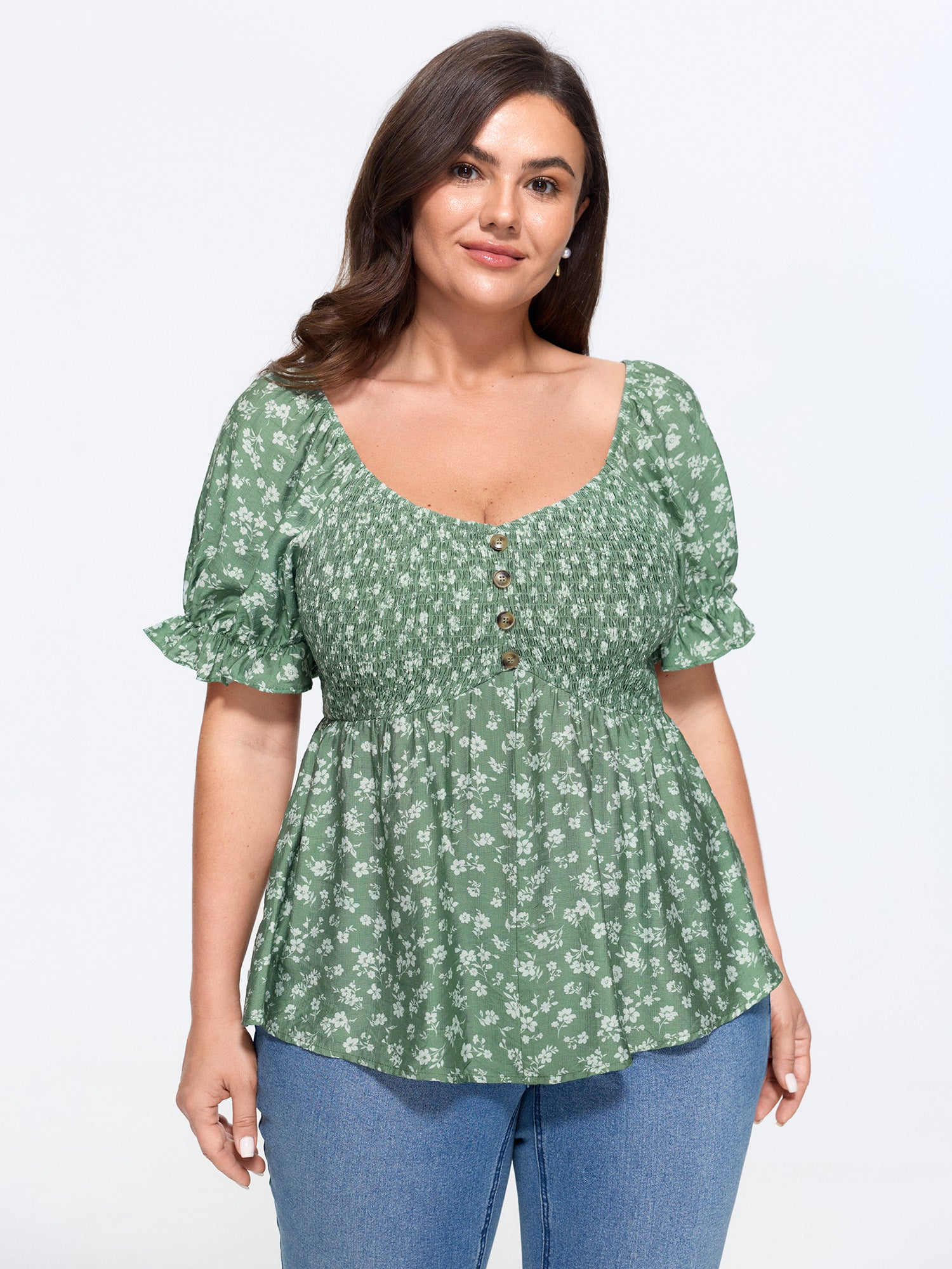 Floral Print Shirred Fit And Flare Blouse