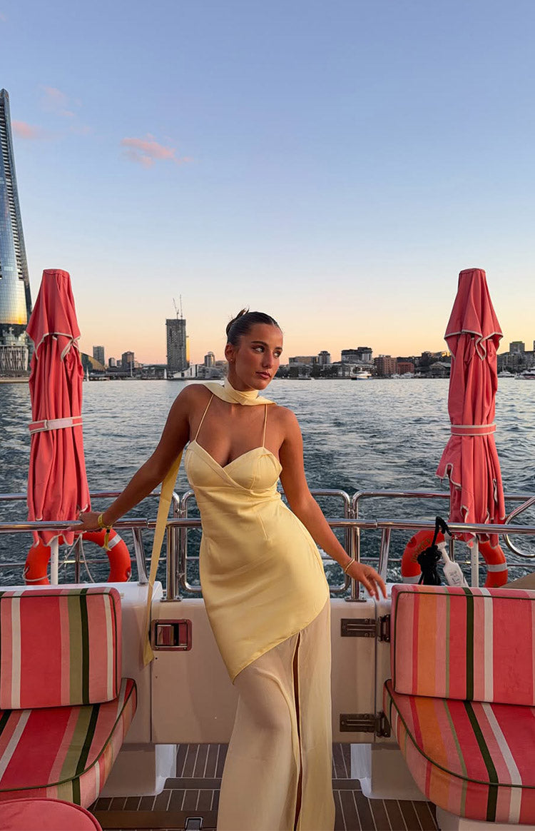 Laila Yellow Satin Scarf Formal Maxi Dress