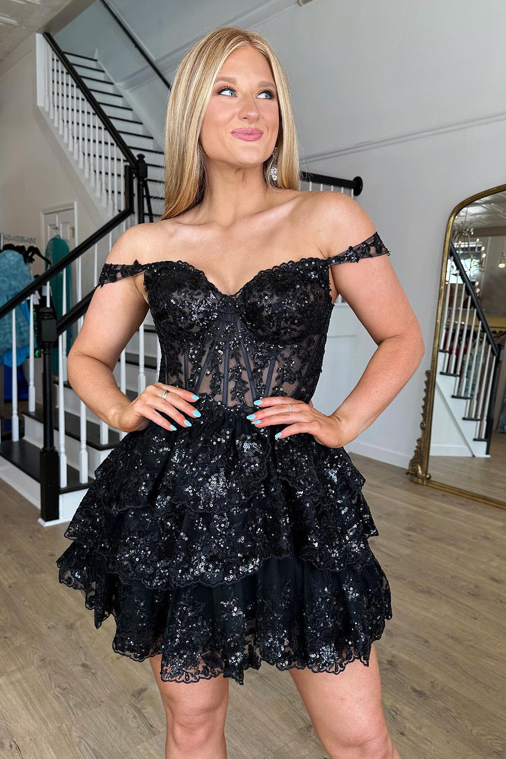 Sparkly Black Corset Tiered Lace A-Line Short Homecoming Dress/Mini Dress